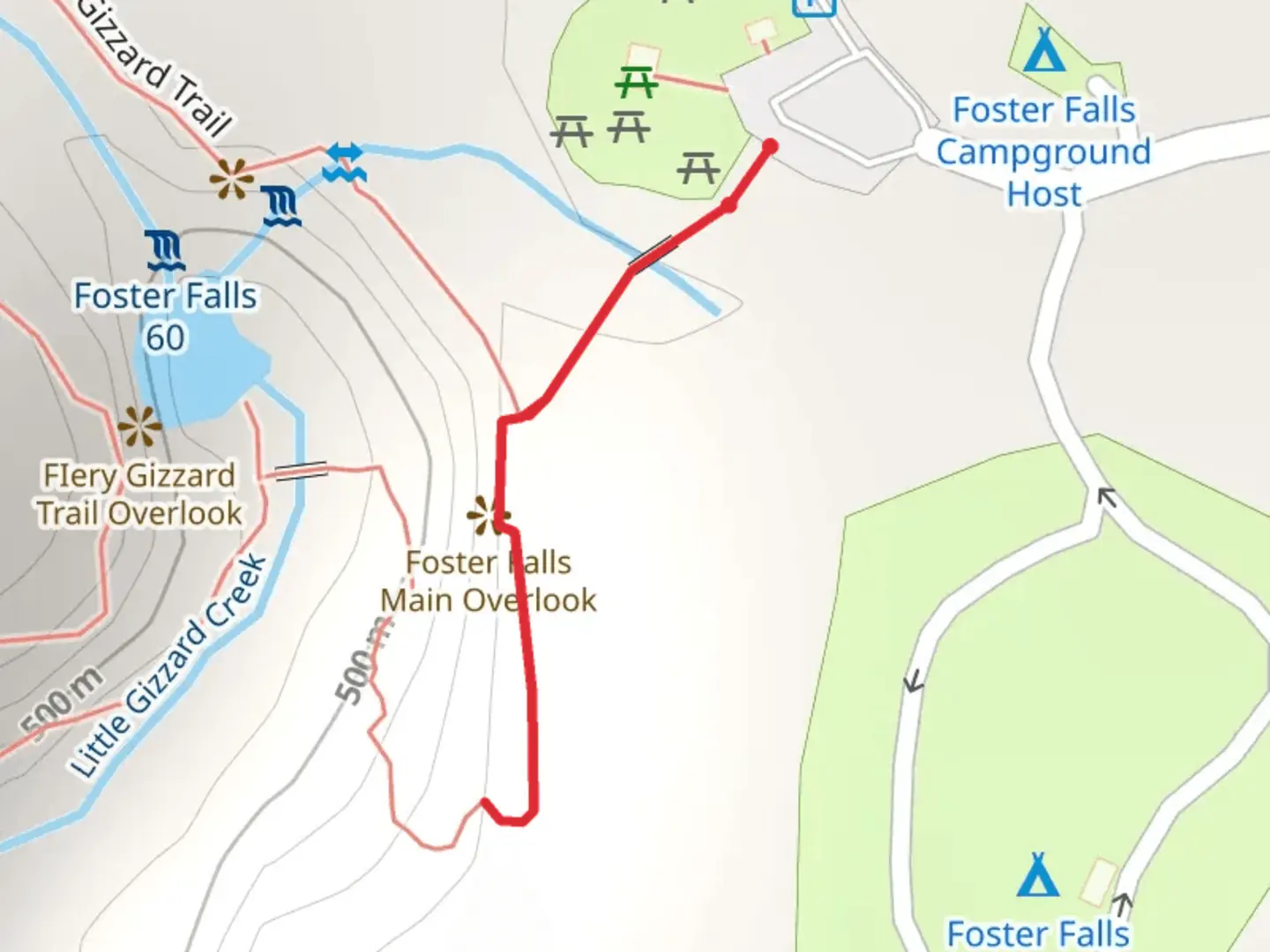 An image depicting the trail Foster Falls Base Trail and its surrounding area.