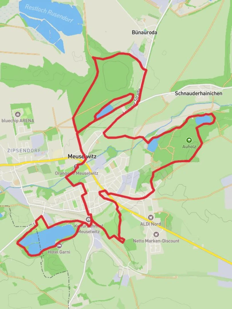 An image depicting the trail Hainbergsee and Meuselwitz Loop and its surrounding area.