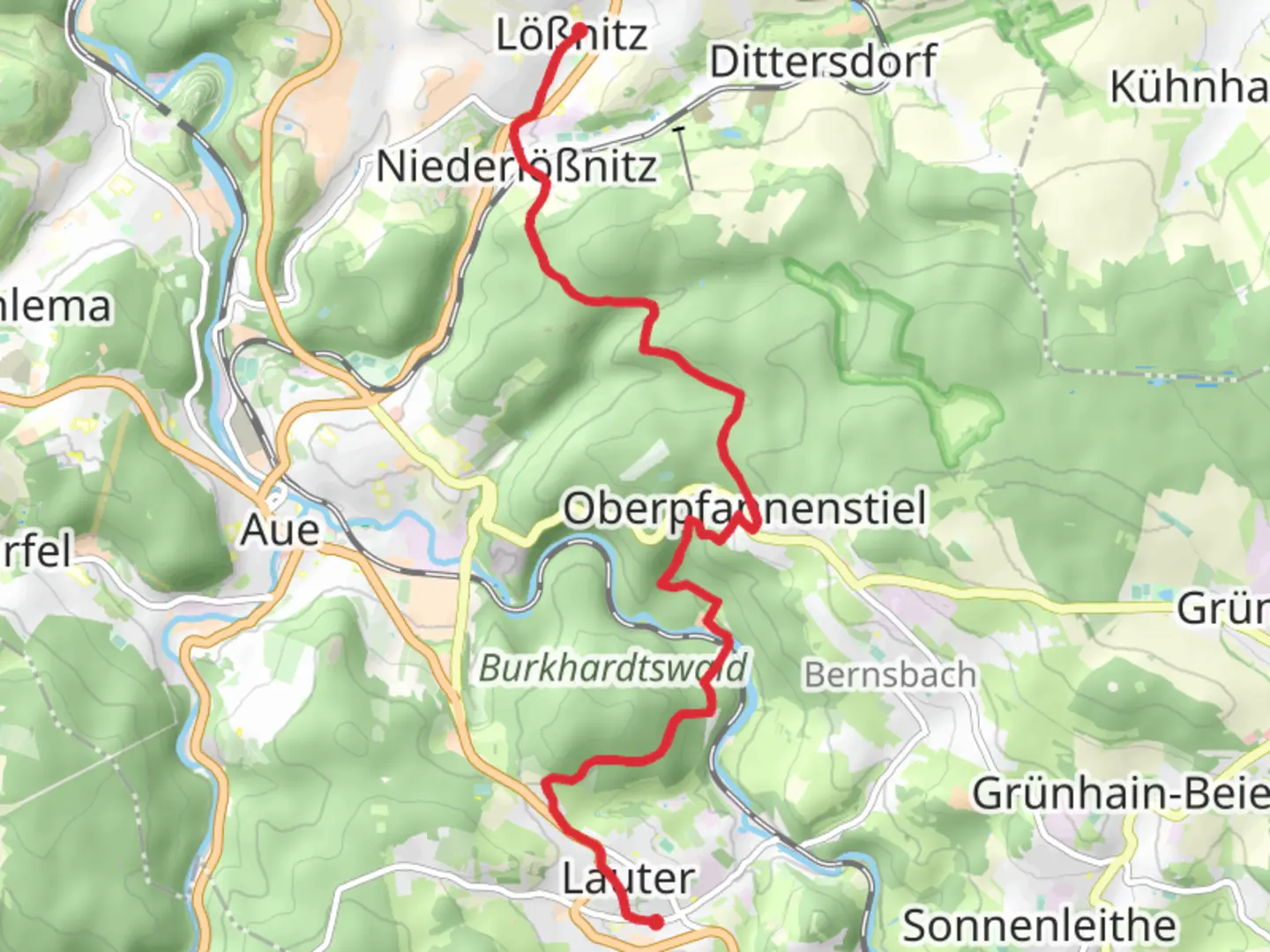 An image depicting the trail Wanderweg Loessnitz - Lauter and its surrounding area.