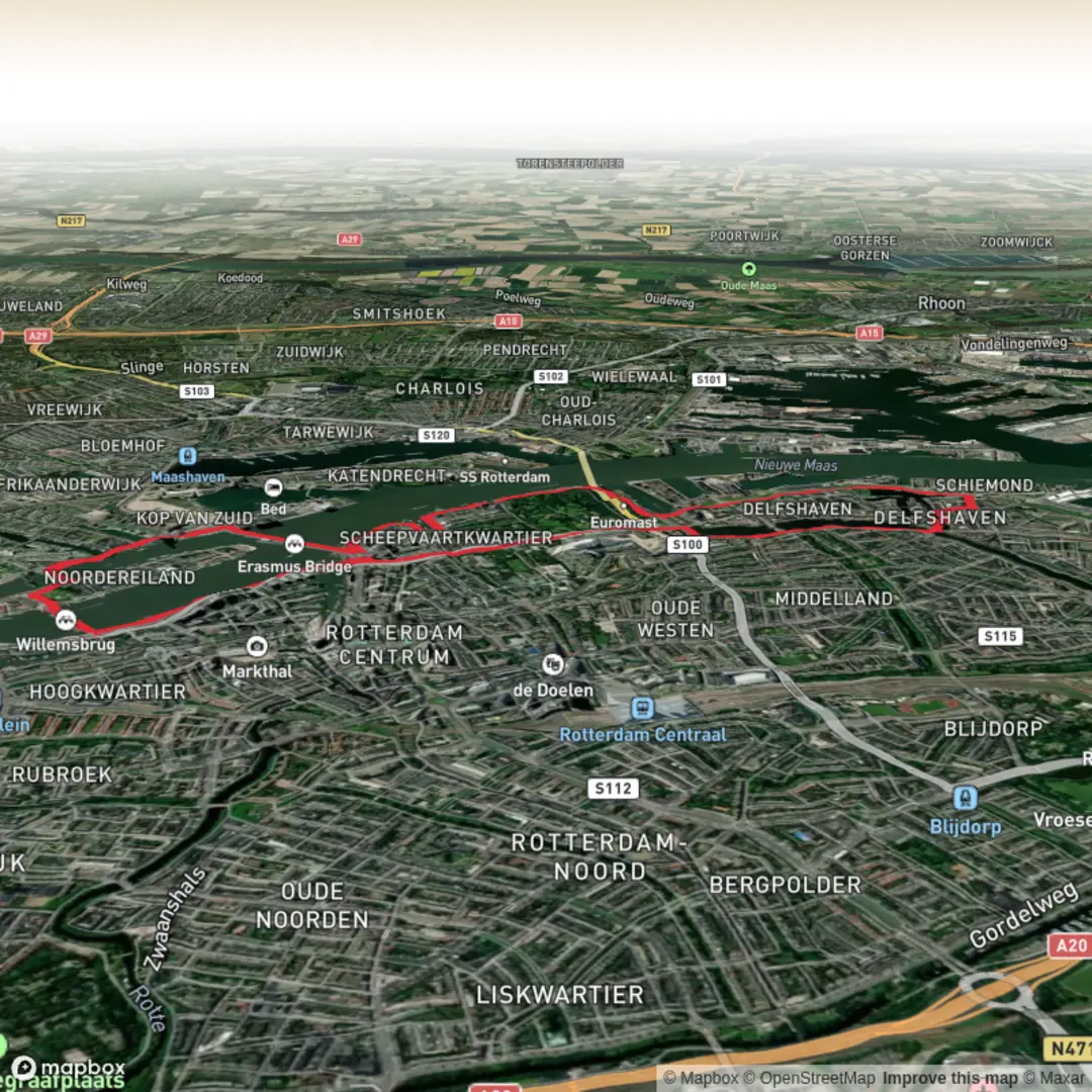 An image depicting the trail Middenkous, Koningshaven and Nieuwer Maas via Willemkade and Westzeedijk and its surrounding area.