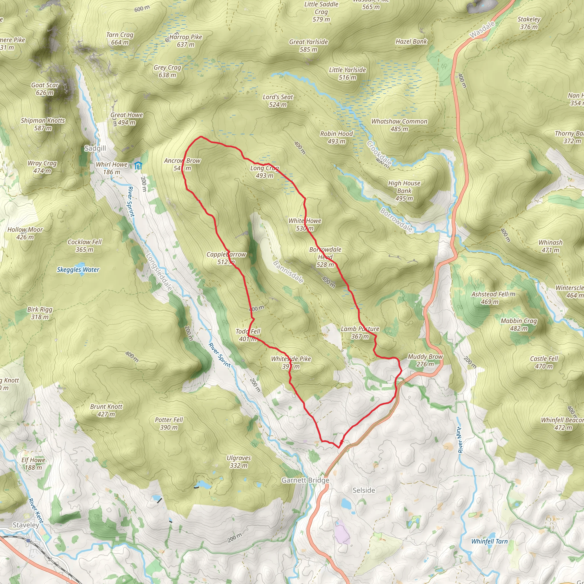 Bannisdale Horsehoe, Long Crag and Capplebarrow Loop from Garnett Bridge mobile static map