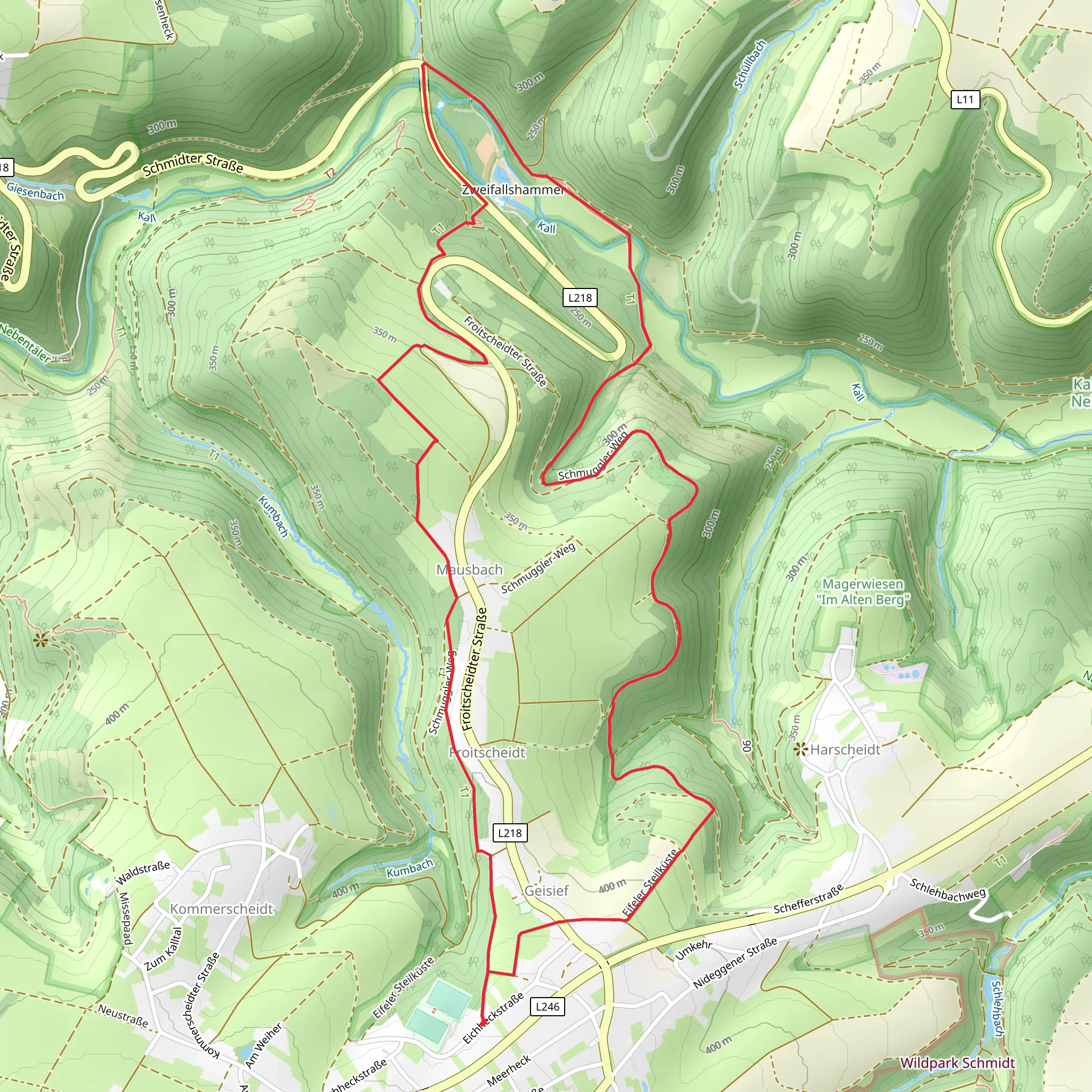 Kall via Wald Wasser Wildnis Weg and Hammerweg mobile static map