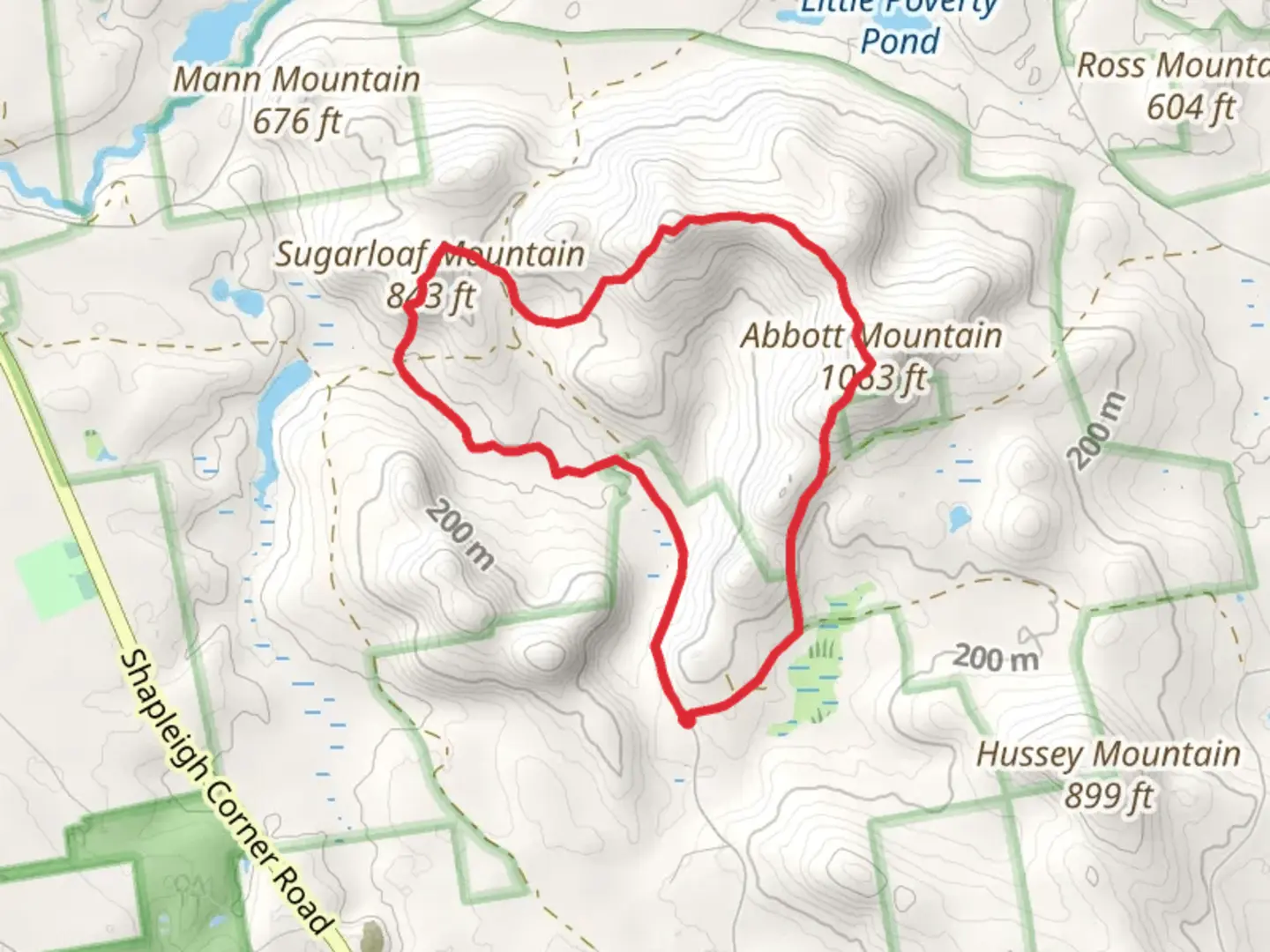 An image depicting the trail Abbott Mountain, Sugarloaf Mountain and Davis Brook Loop and its surrounding area.