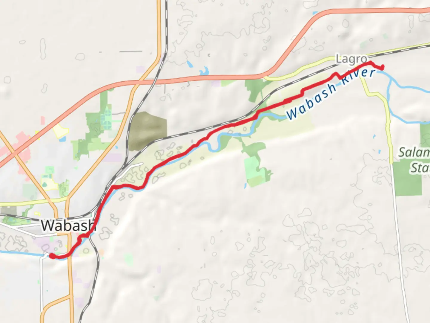 An image depicting the trail Wabash River Walk and its surrounding area.