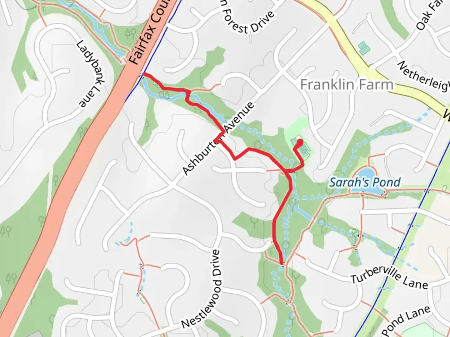 An image depicting the trail Cedar Run Trail and Franklin Farm Path and its surrounding area.