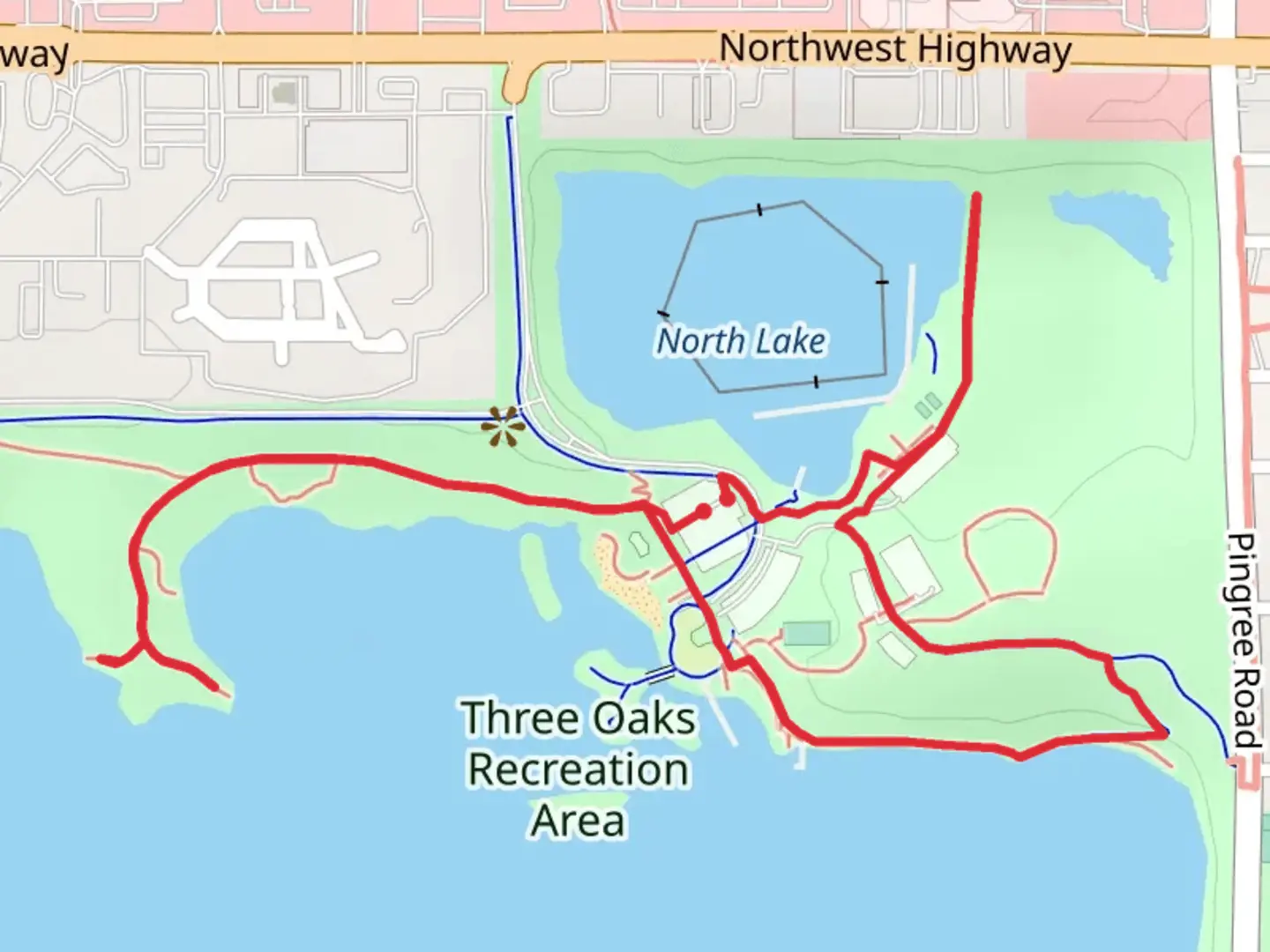 An image depicting the trail North Lake and Three Oaks Recreation Area Loop and its surrounding area.