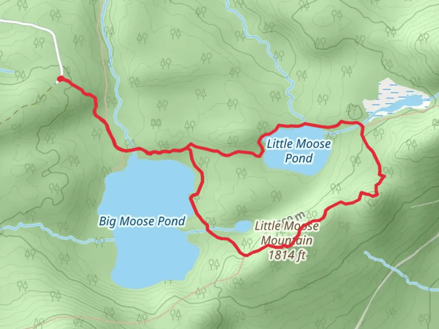 An image depicting the trail Little Moose Pond Loop via Big Moose Pond and its surrounding area.