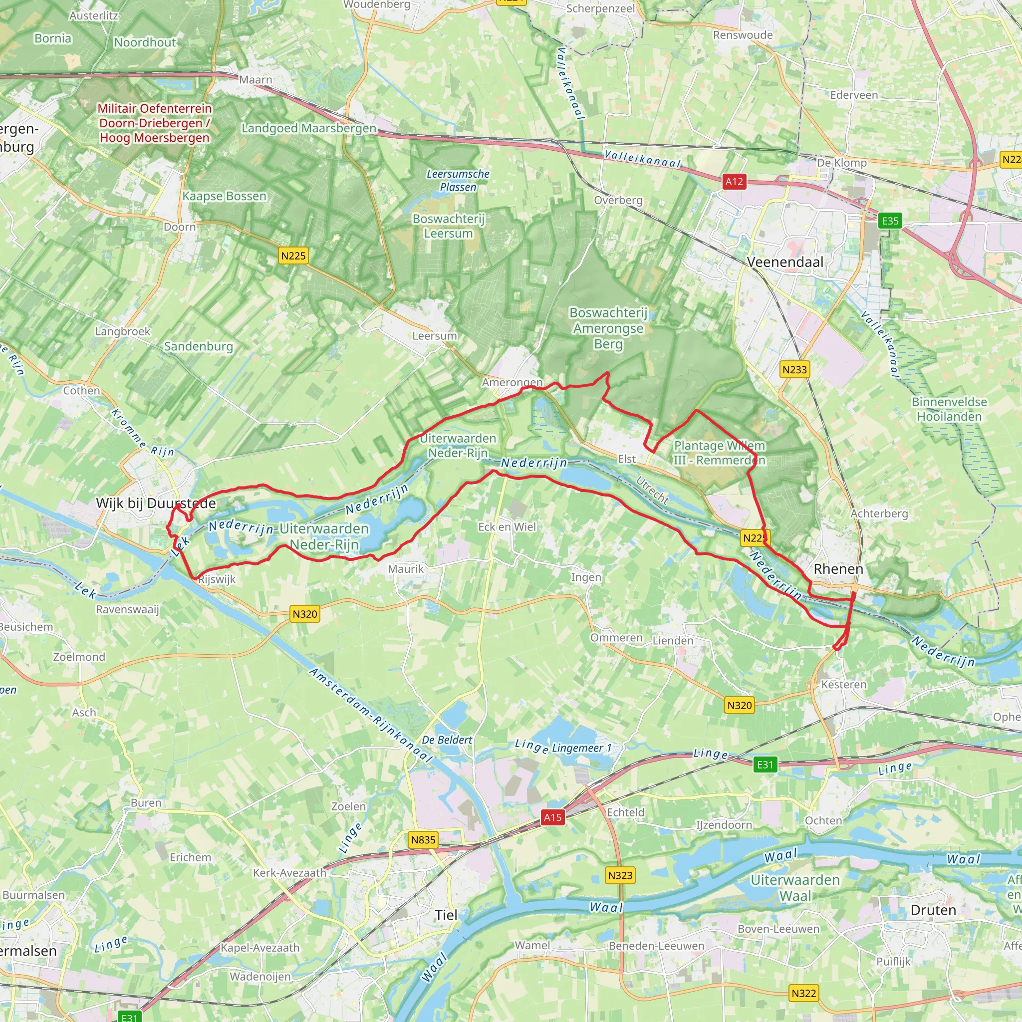 Amerongen, Rhenen and Mauriksche Ecksche Waarden via Veenseweg and Bosweg mobile static map
