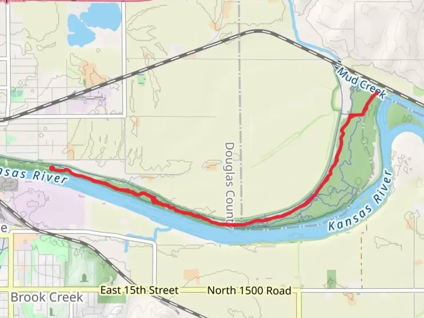 An image depicting the trail Walk along Kansas River Shore - Oak Street and its surrounding area.