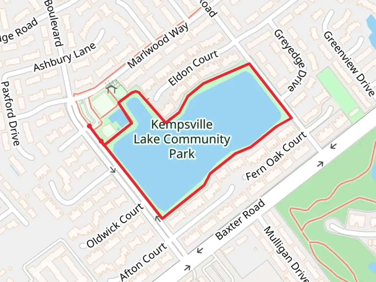 An image depicting the trail Kempsville Lake Community Park Loop and its surrounding area.