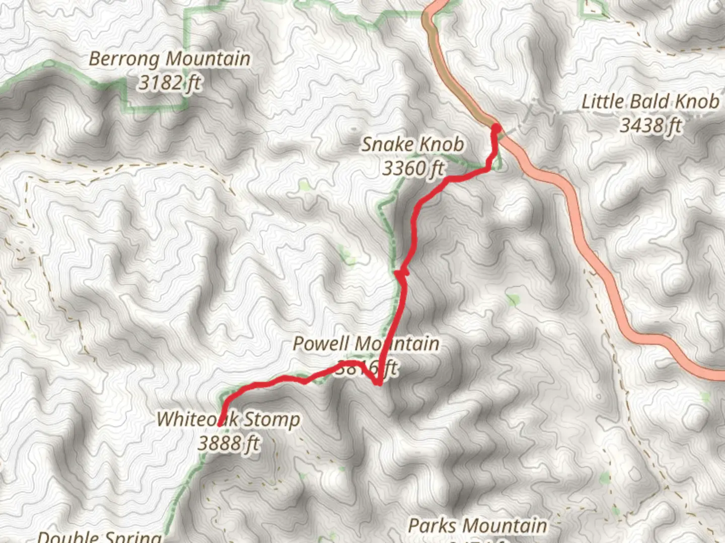 An image depicting the trail Wolfstake Knob via Appalachian Trail and its surrounding area.