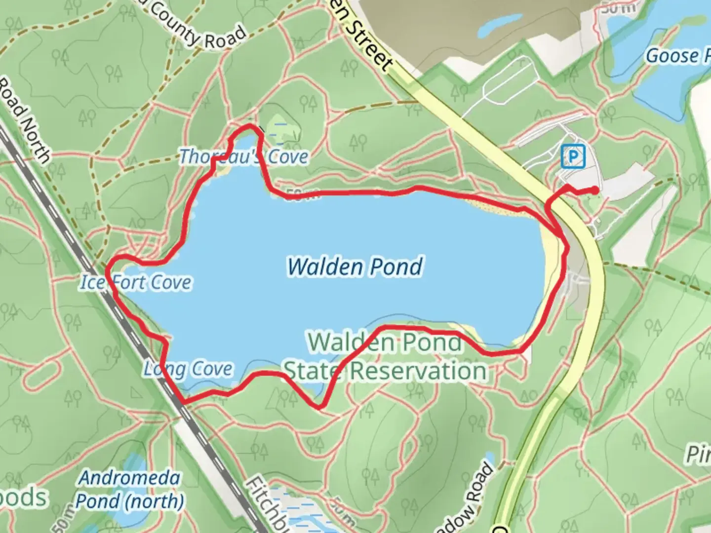 An image depicting the trail Walden Pond Loop and its surrounding area.