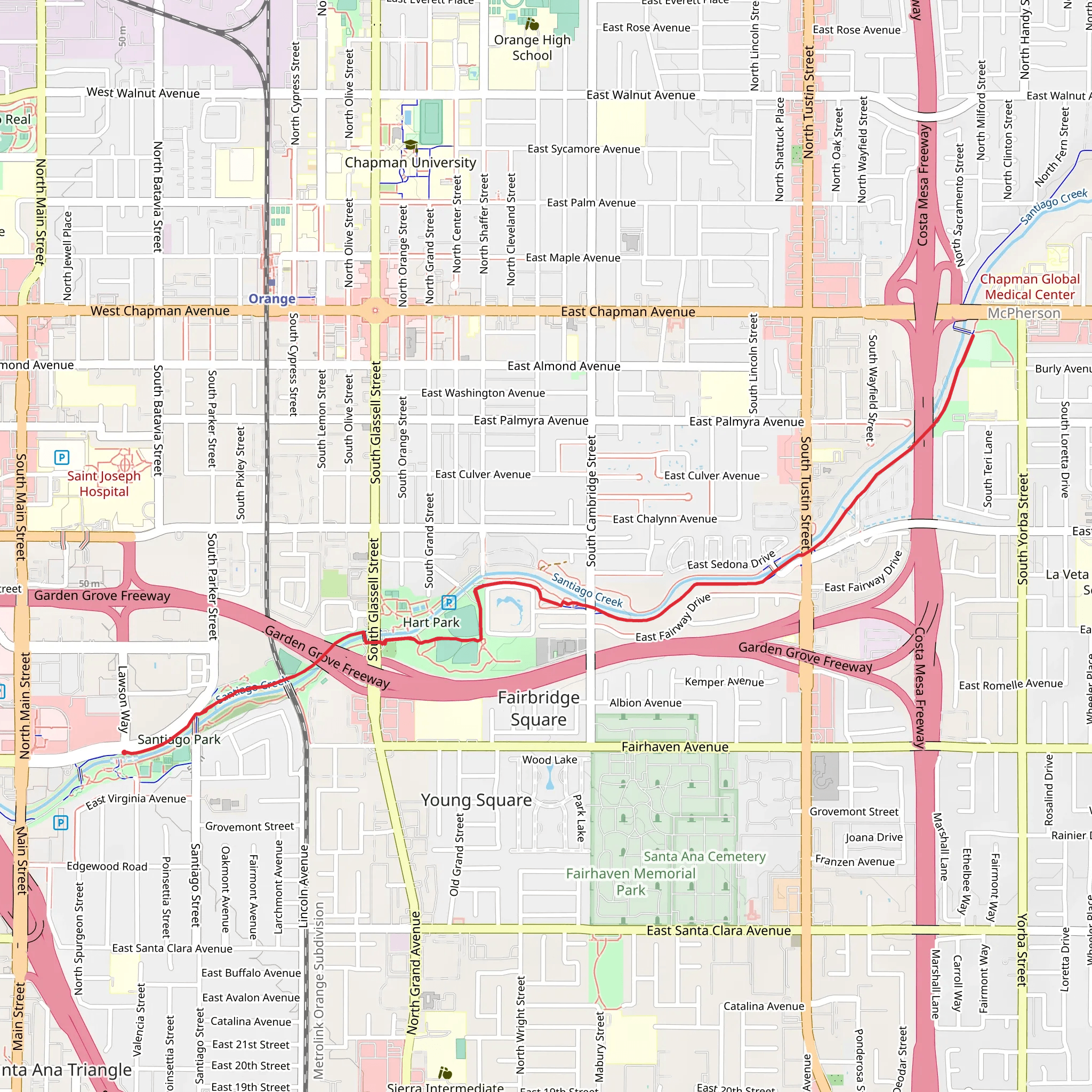 Santiago Creek Trail to Yorba Park mobile static map