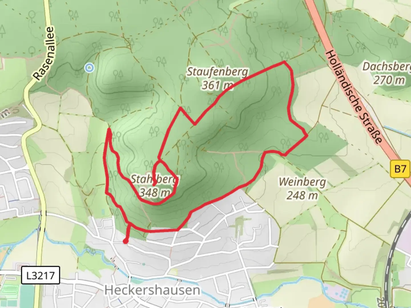 An image depicting the trail Stahlberg Loop via Espenau Rundweg 2 and its surrounding area.