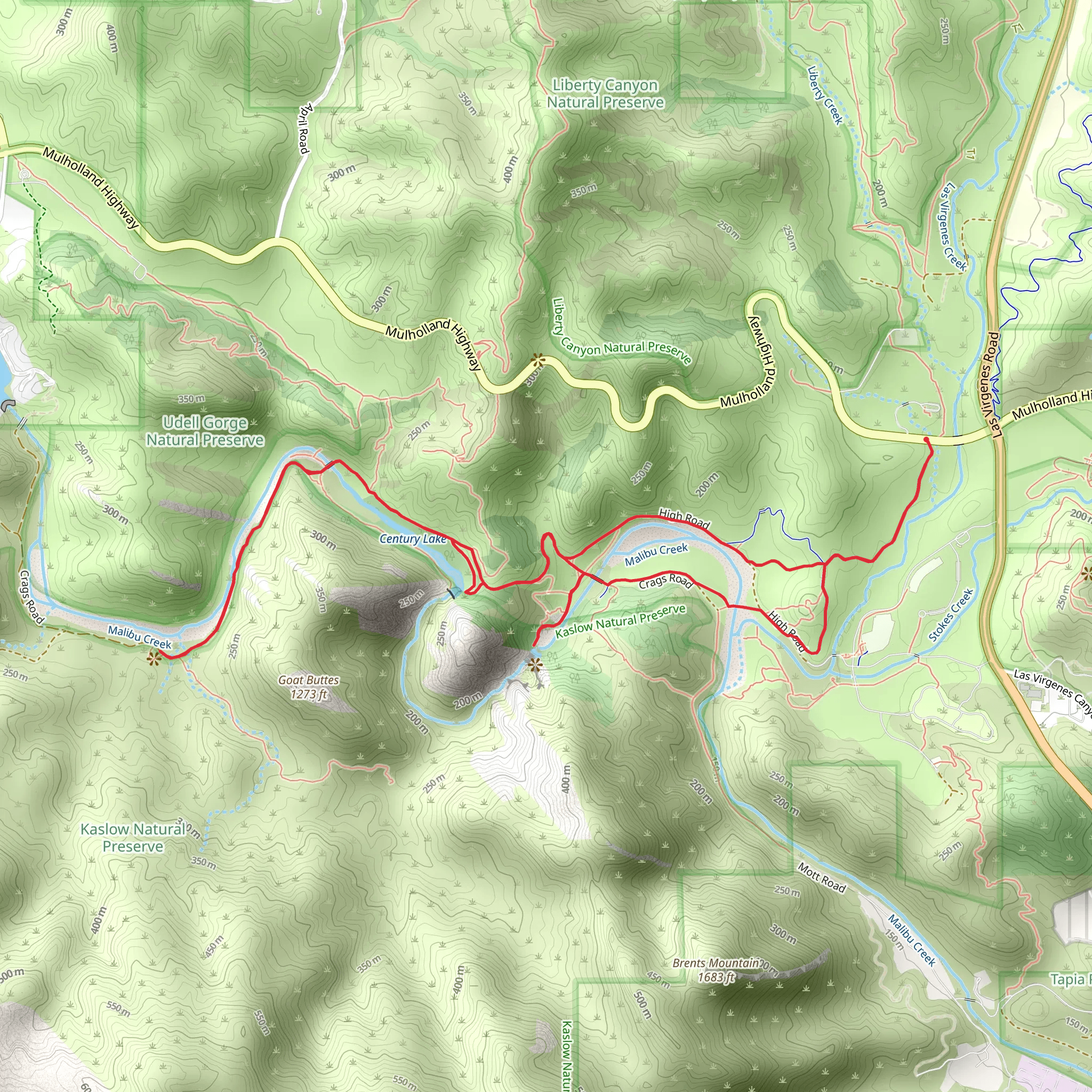 Century Lake, Malibu Creek and Rock Pool via Grasslands Trail mobile static map
