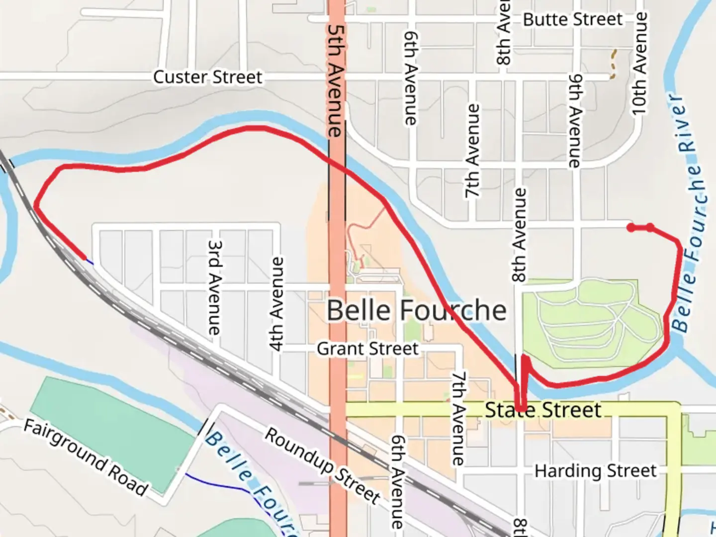 An image depicting the trail Belle Fourche River Walk and its surrounding area.