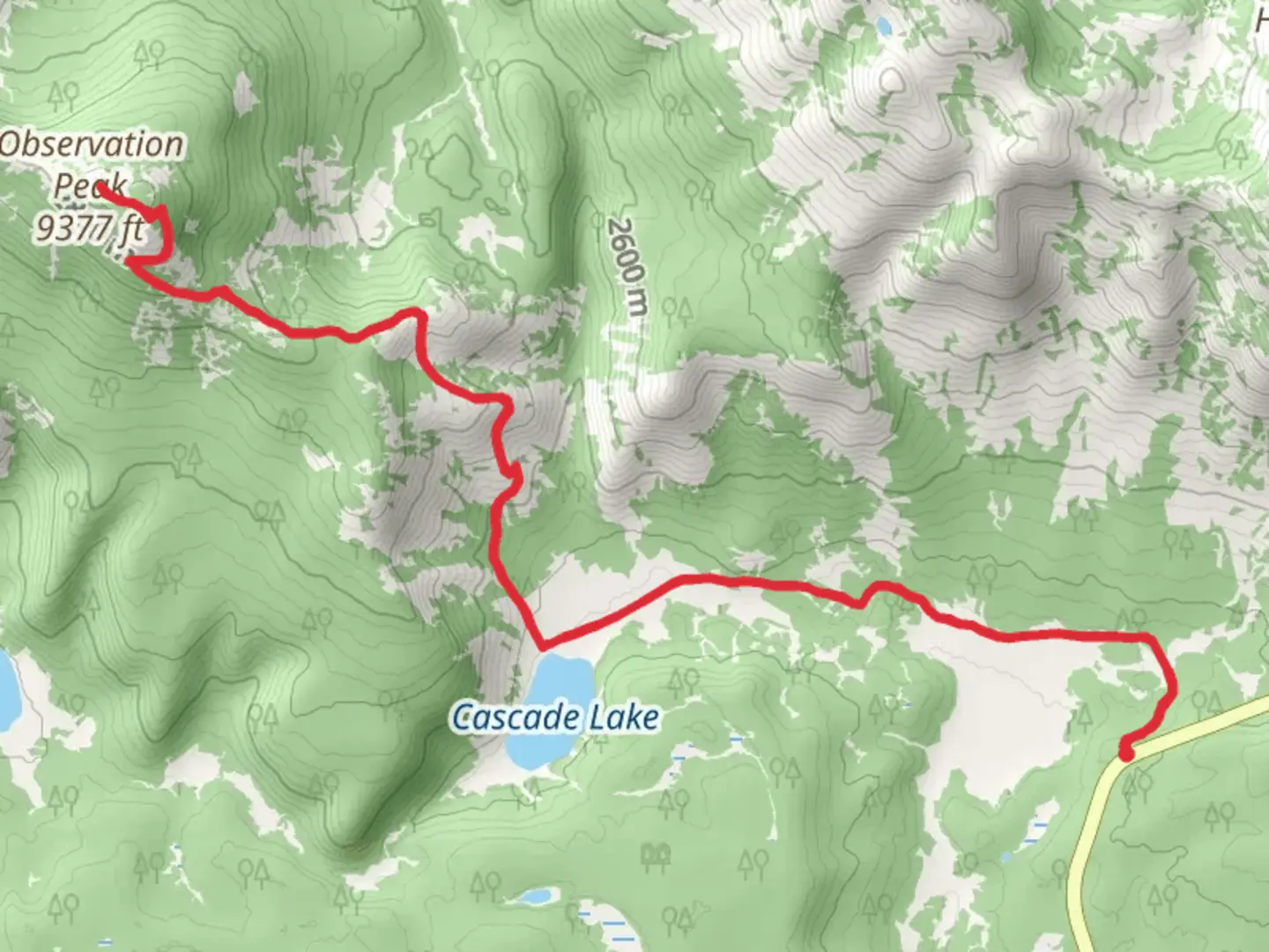 An image depicting the trail Observation Peak via Cascade Lake Trail and its surrounding area.