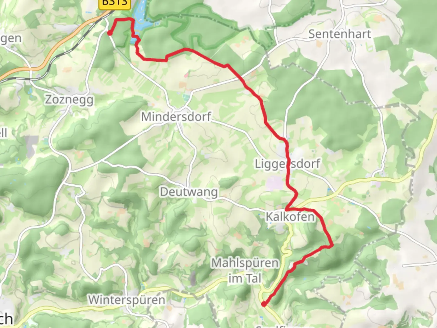 An image depicting the trail Neumuehle to Muehle via Blaue Raute Schwackenreute - Seelfingen and its surrounding area.