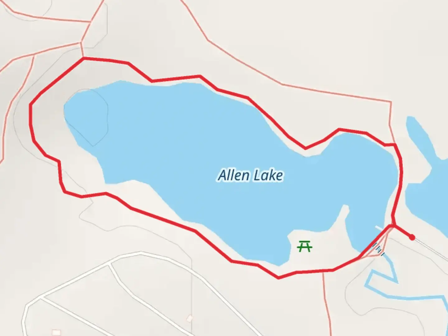 An image depicting the trail Allen Lake Loop and its surrounding area.