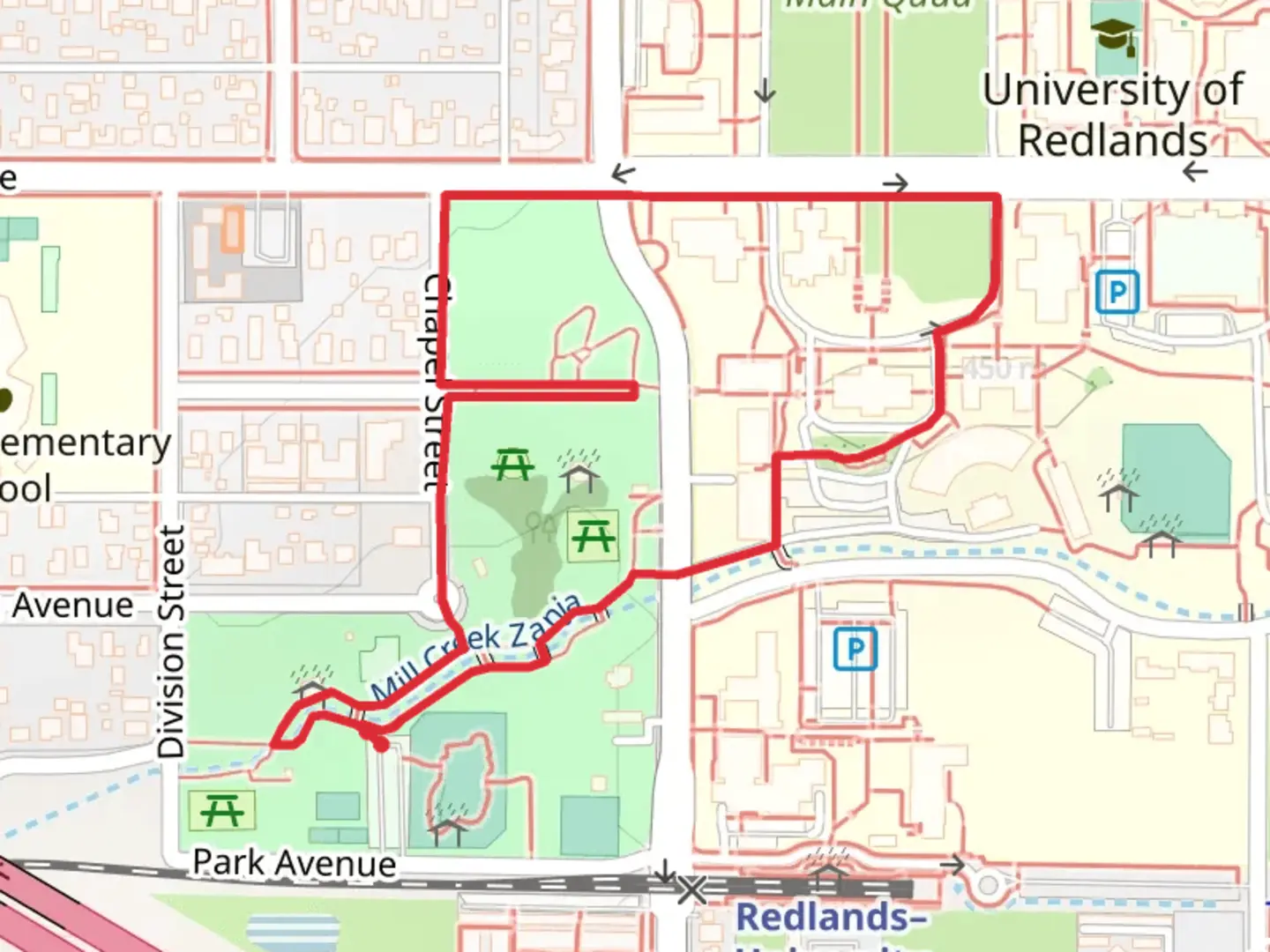 An image depicting the trail LaFourcade Community Garden Loop and its surrounding area.