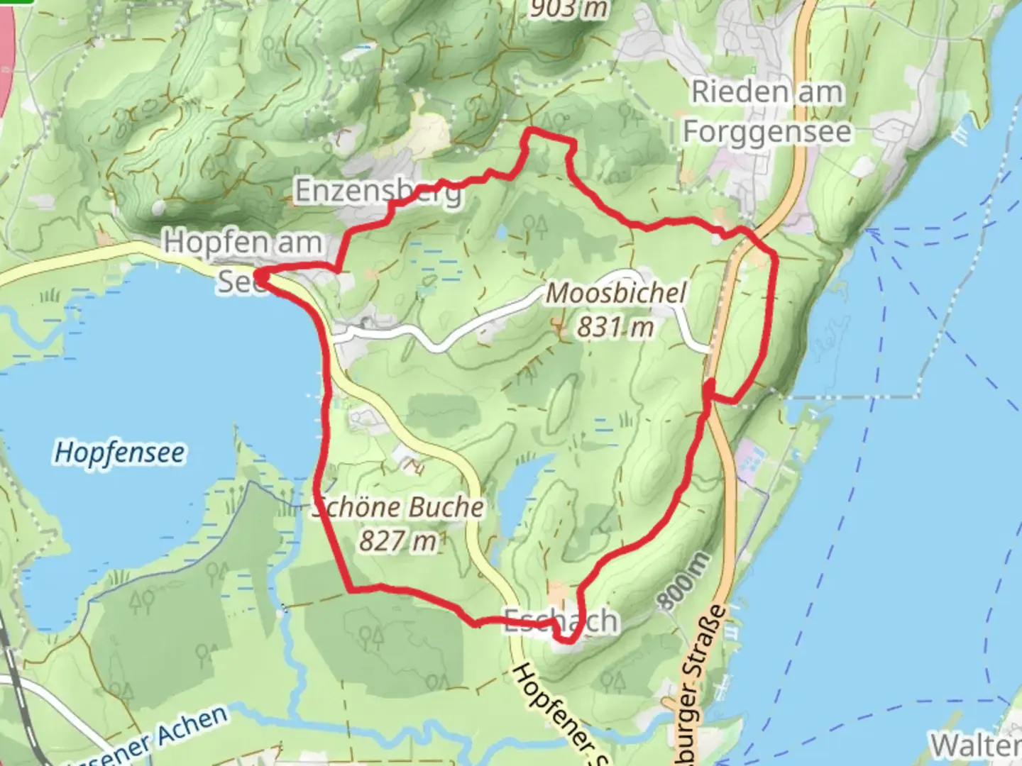 An image depicting the trail Hopfensee and Schöne Buche Loop and its surrounding area.