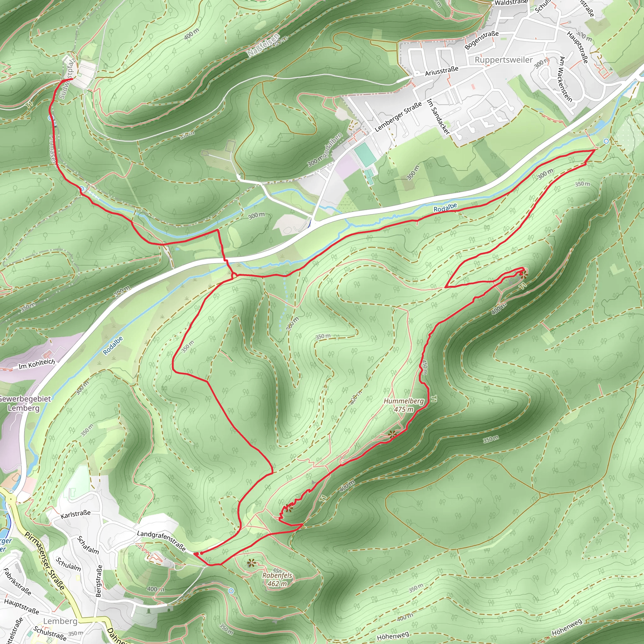 Ruppertsfelsen via Arius Tour and Pfaelzerwald Blau Roter Balken mobile static map