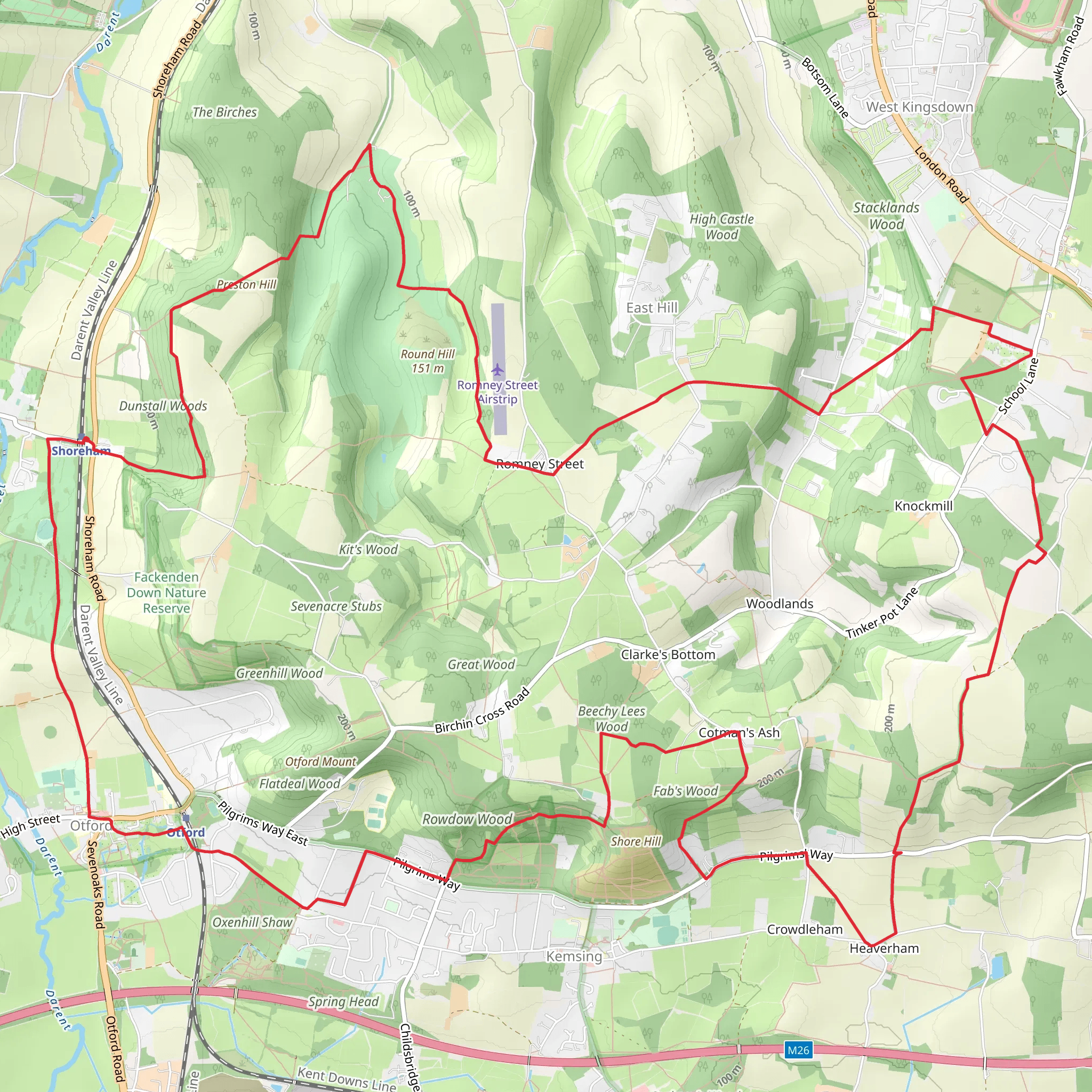 Gold Hill, Preston Hill via North Downs Way mobile static map
