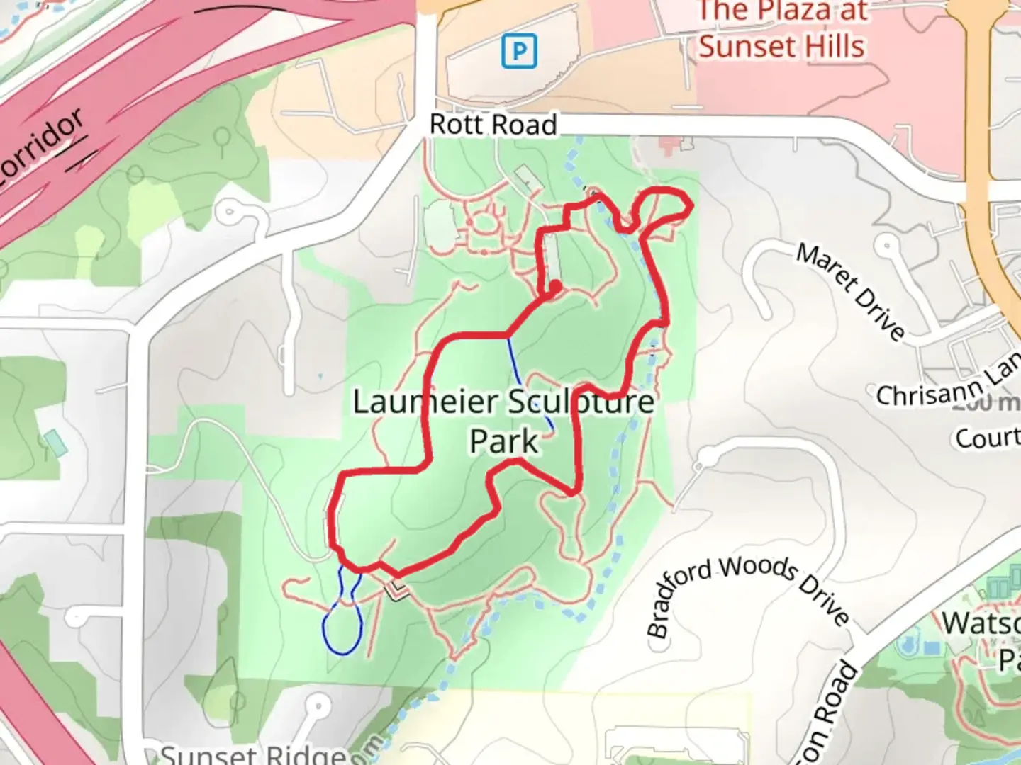 An image depicting the trail Laumeier Sculpture Park Loop and its surrounding area.