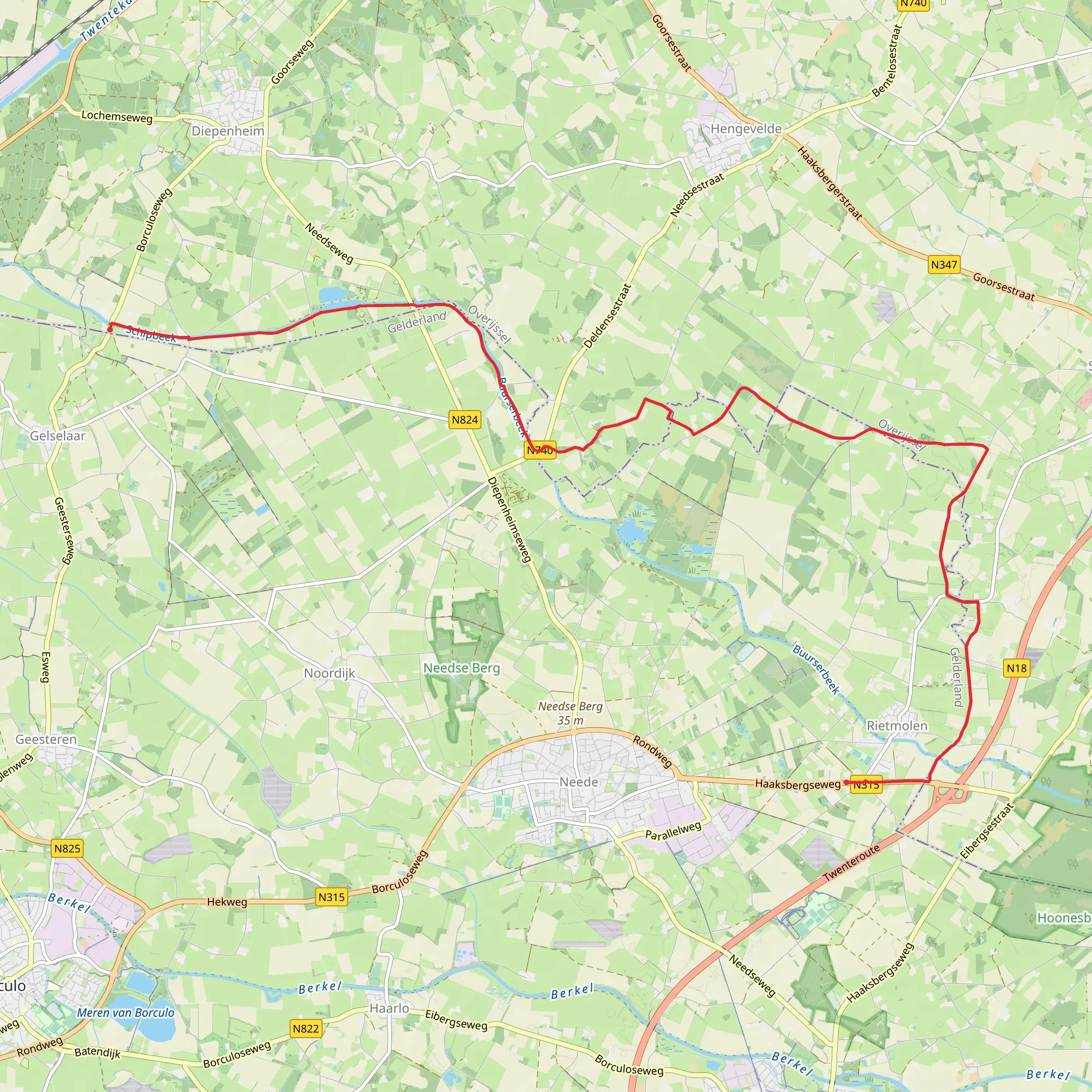 Rietmolen to Gelselaat via Veenhut Weg and Schipbeeek mobile static map