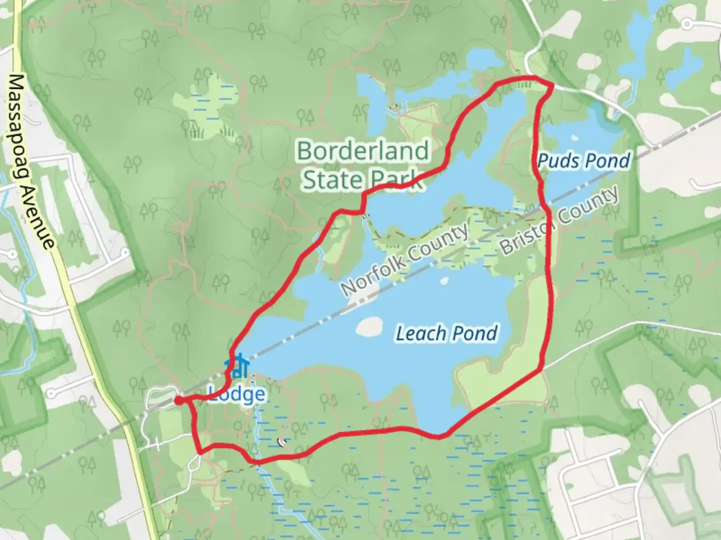 An image depicting the trail Leach Ponds and Puds Pond Loop Trail and its surrounding area.