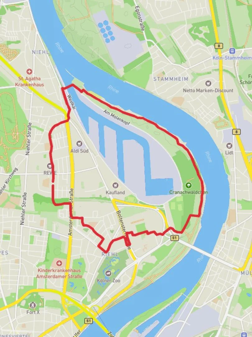 An image depicting the trail Nippes Loop via Cranachwäldchen and its surrounding area.