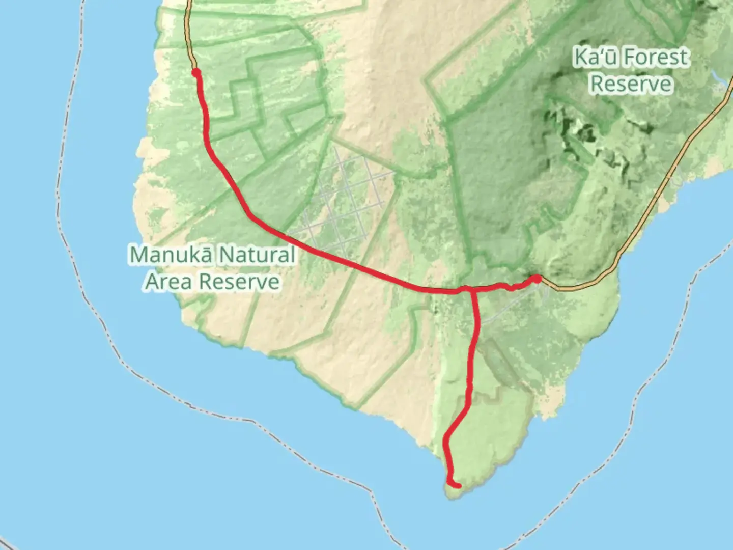 An image depicting the trail Pāpā - Lua Makalei - Waiohinu and its surrounding area.