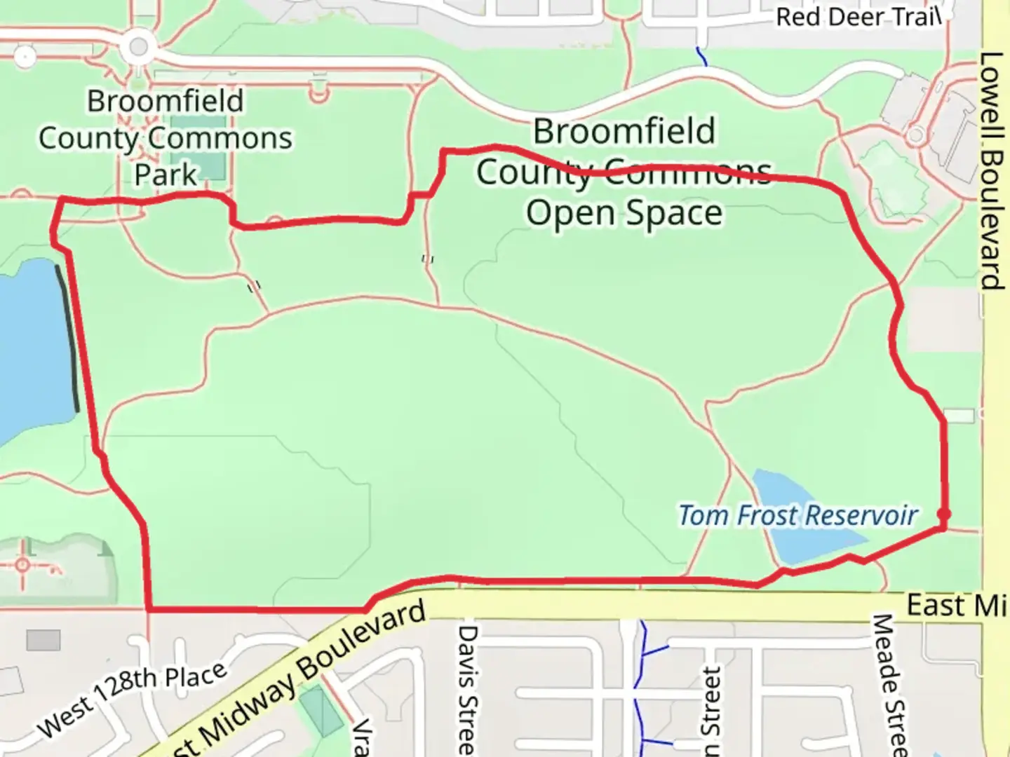 An image depicting the trail Broomfield County Commons Open Space Loop and its surrounding area.