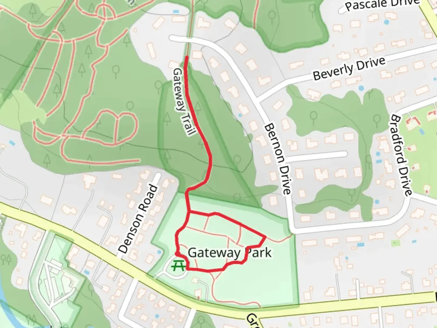 An image depicting the trail Gateway Park Loop and its surrounding area.