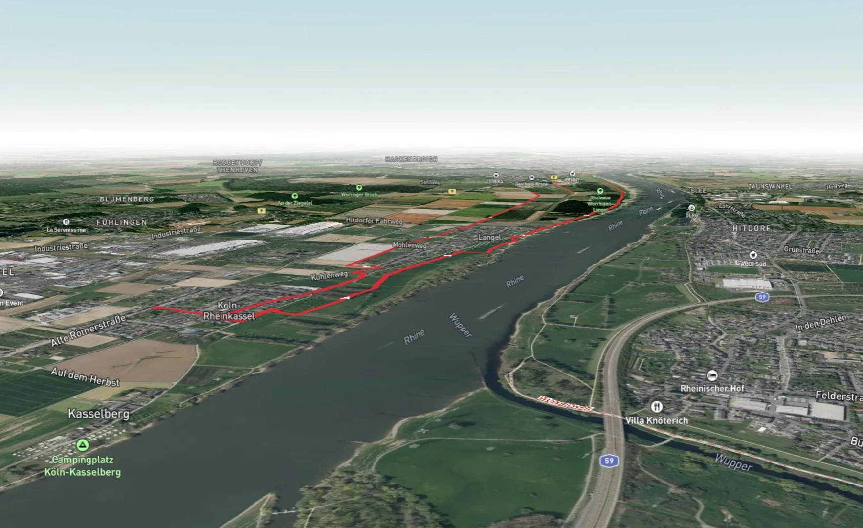 An image depicting the trail Rhein via Jakobs Pilgerweg Nijmegen Koeln and Langeler Kreuzweg and its surrounding area.