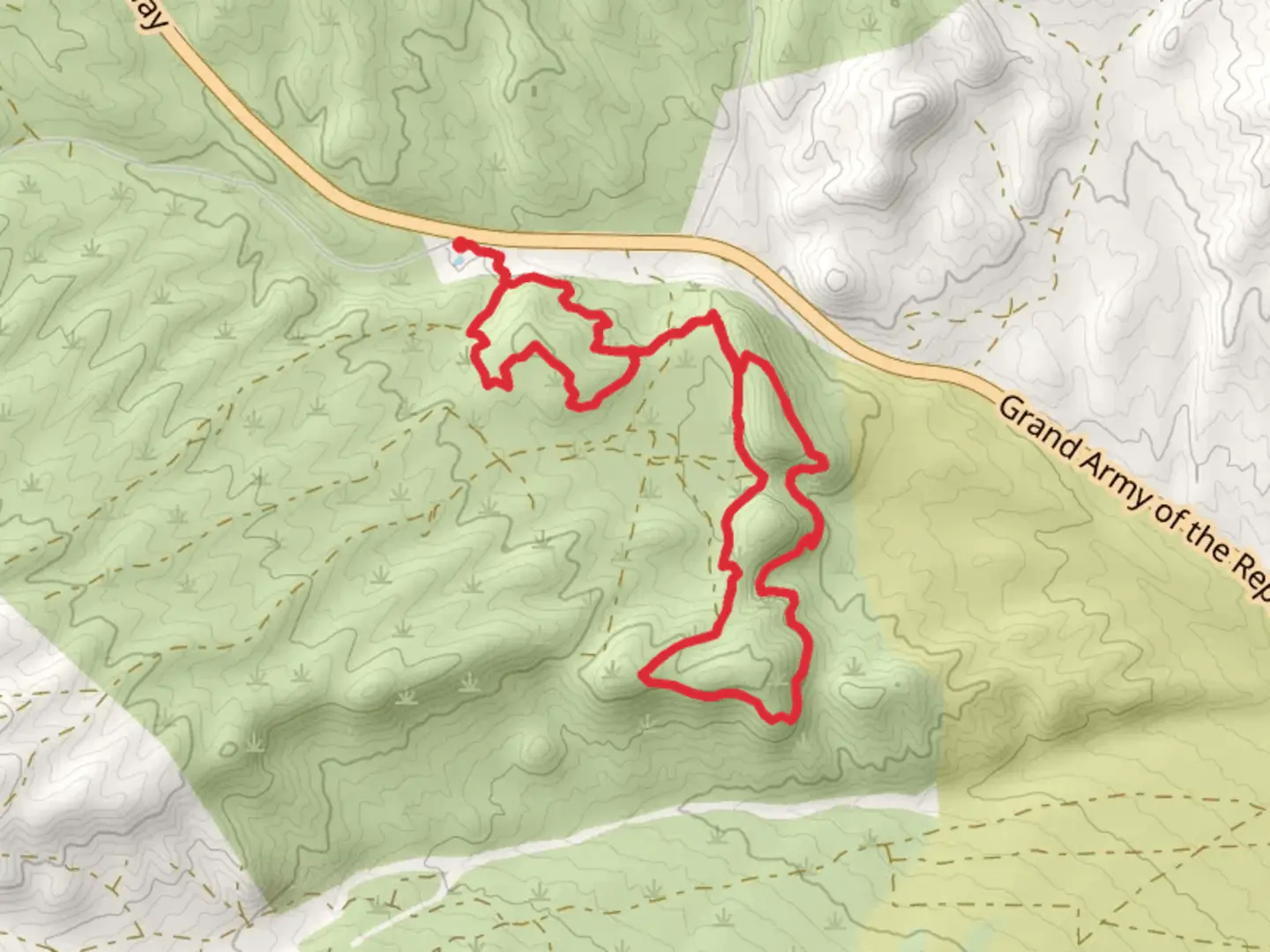 An image depicting the trail Sacramento Pass, Mine Shaft and Lucky Boy Loop Trail and its surrounding area.