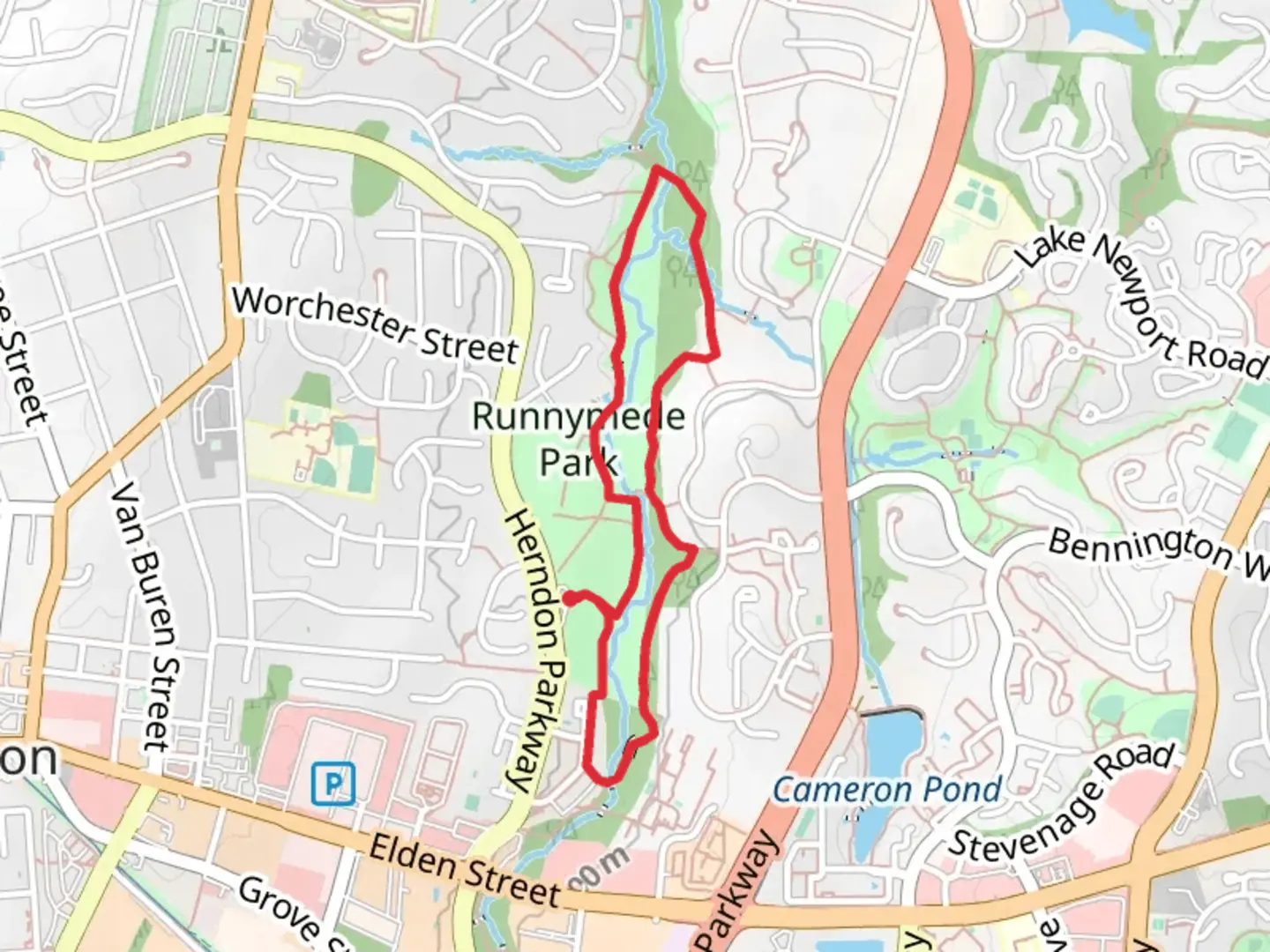 An image depicting the trail Sugarland Run Stream Valley Trail and Redbud Path Loop and its surrounding area.