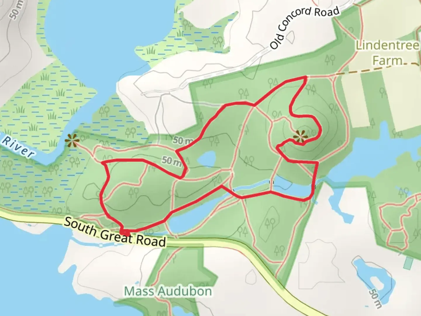 An image depicting the trail Mount Misery from South Great Road and its surrounding area.