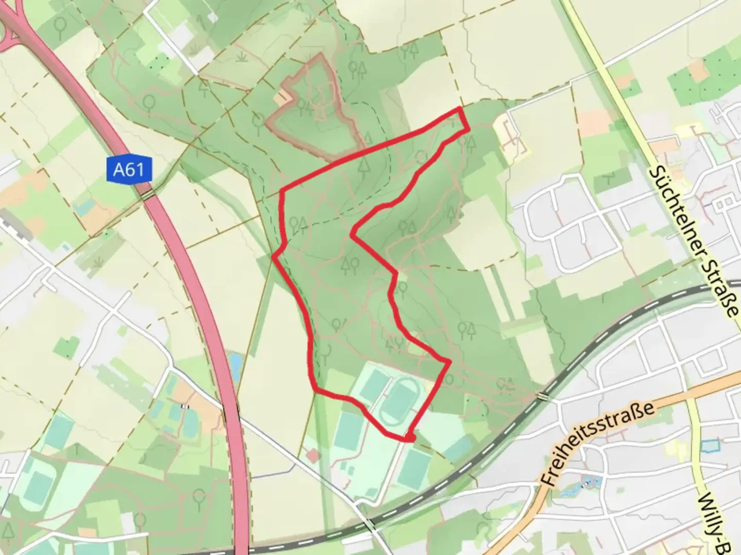 An image depicting the trail X10 Rhein Rur Weg and Irmagardispfad Loop - Am Hohen Busch and its surrounding area.
