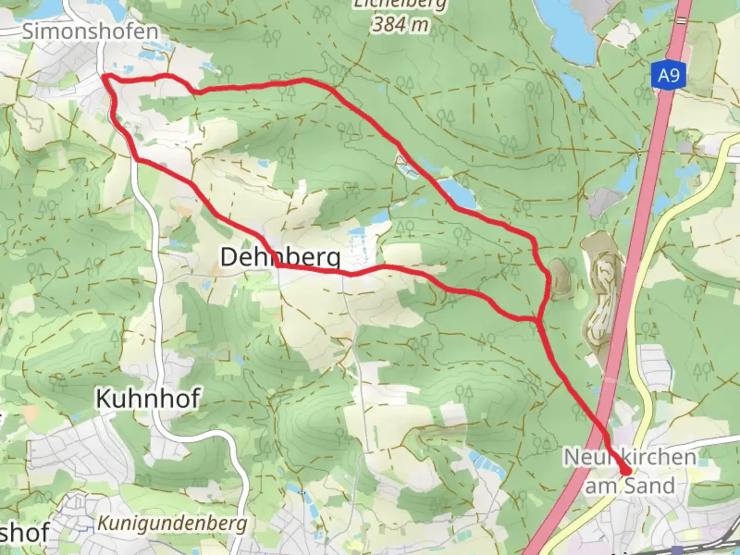 An image depicting the trail Schmaussweiher via Dehnberger Runde and Weissenbrunn and its surrounding area.