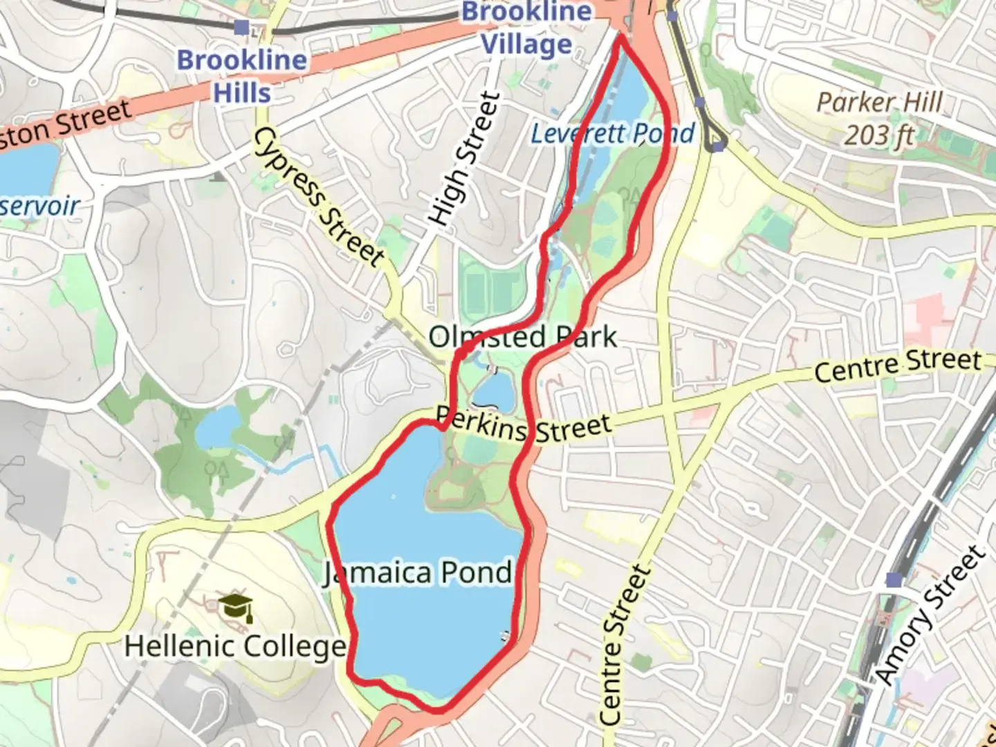 An image depicting the trail Jamaicaway Pond and Leverett Pond Loop and its surrounding area.