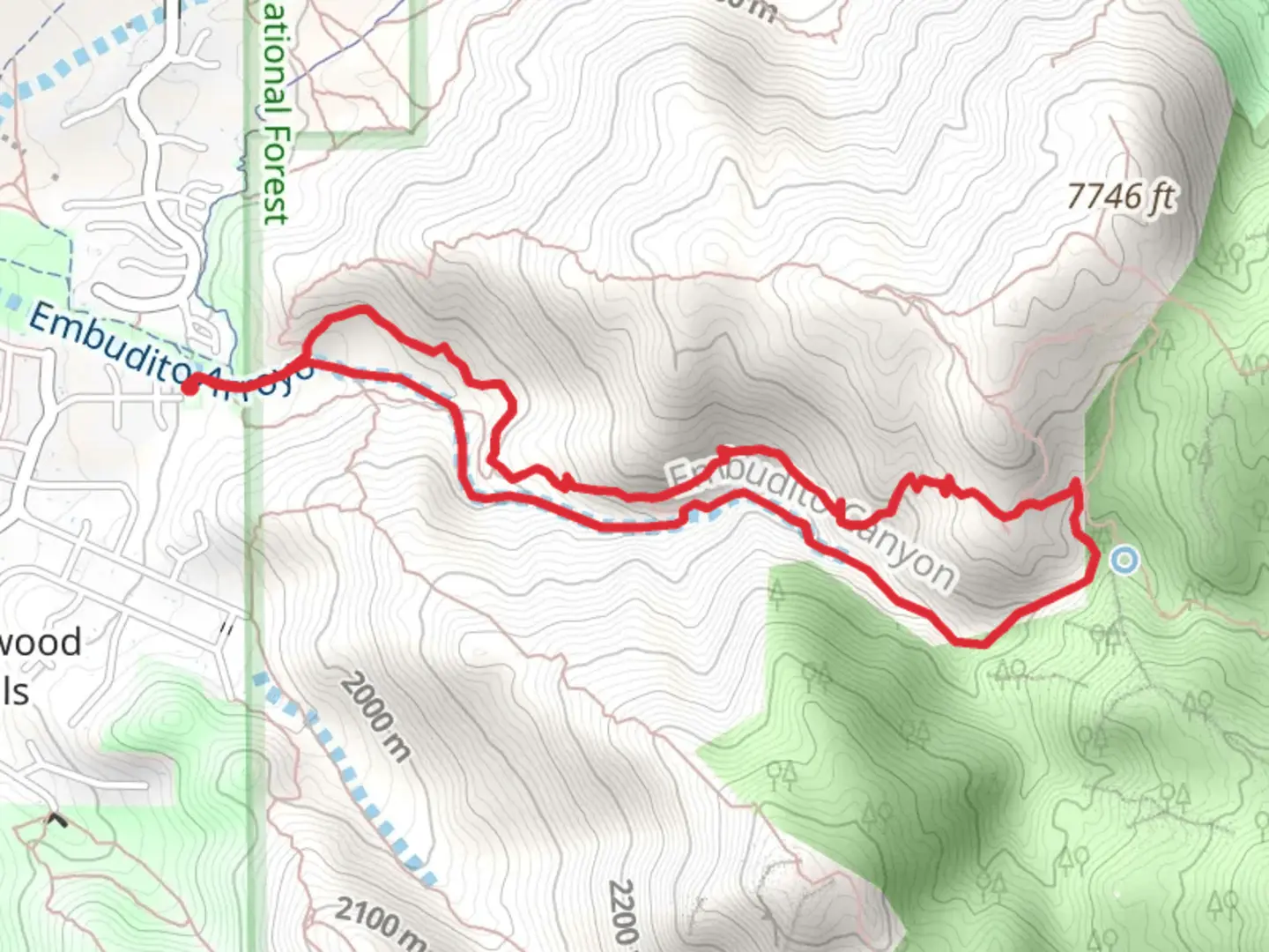 An image depicting the trail Embudito Arroyo - Embudito Canyon Loop Trail and its surrounding area.