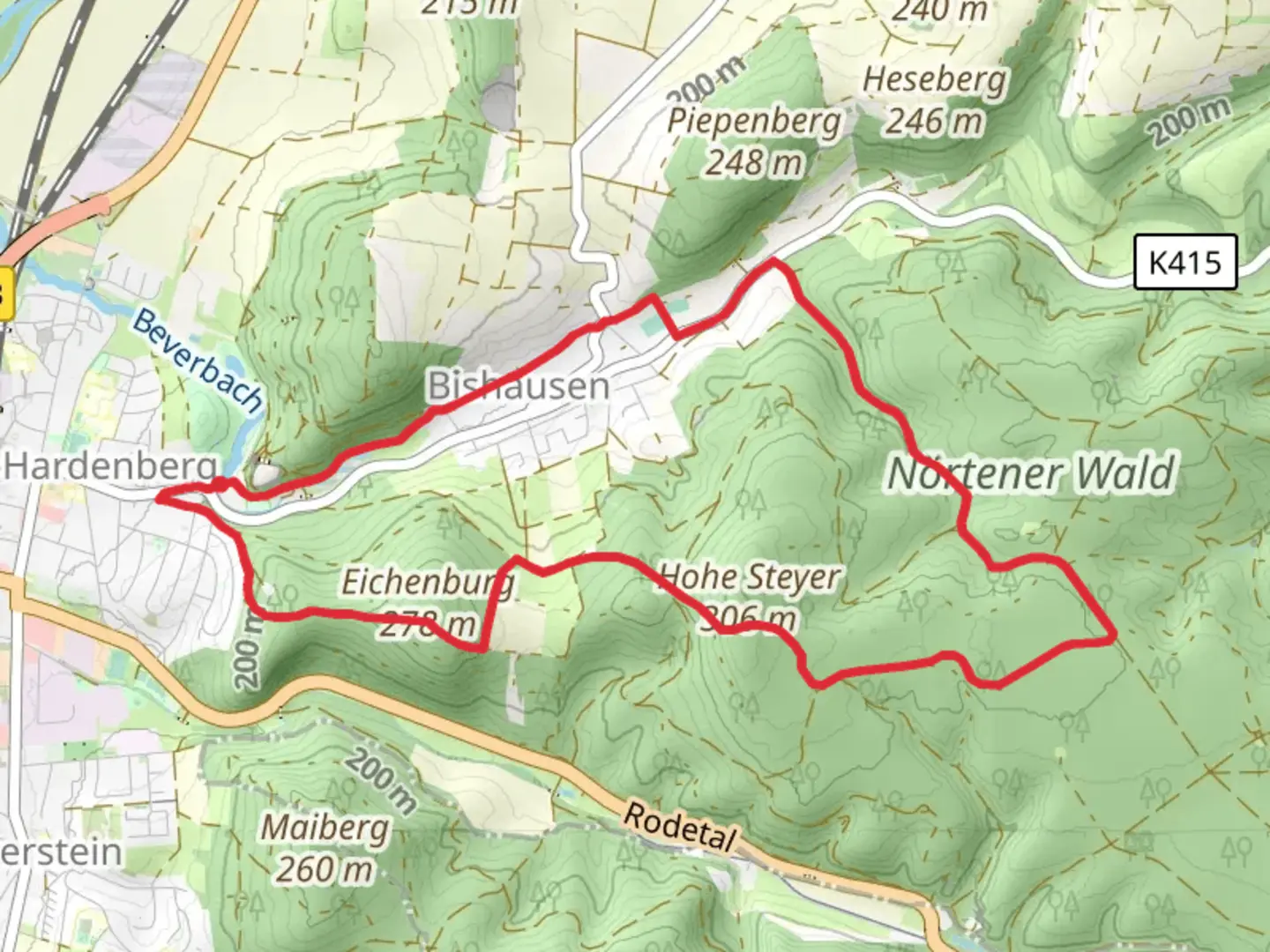 An image depicting the trail Burg Hardenberg and Nortener Wald Loop and its surrounding area.