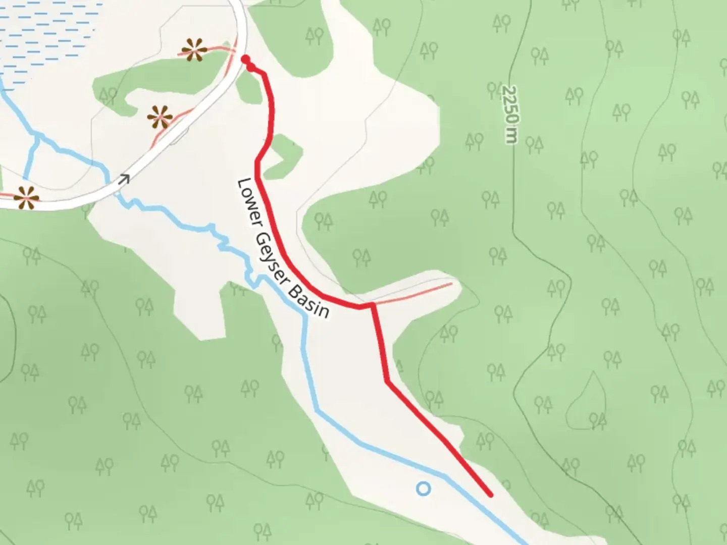 An image depicting the trail Lower Geyser Basin and White Creek and its surrounding area.