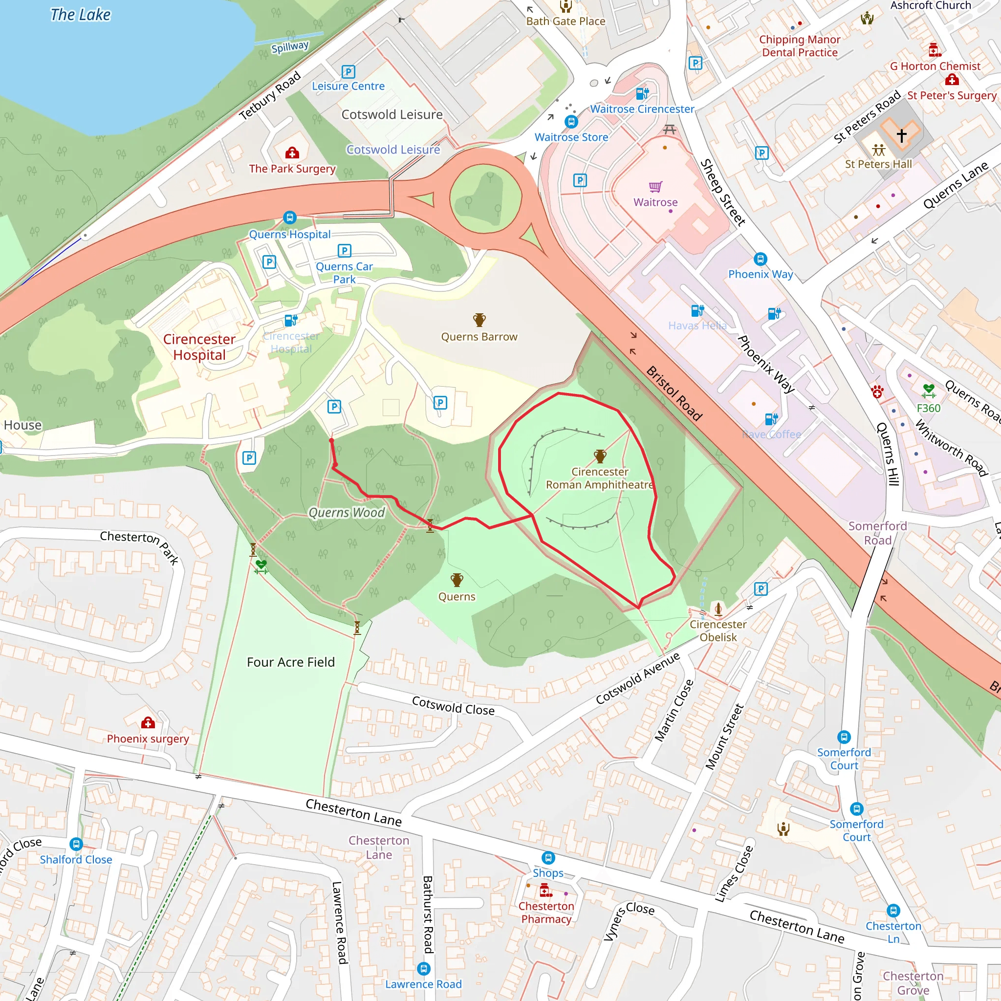 Querns Wood and Cirencester Amphitheatre Loop mobile static map