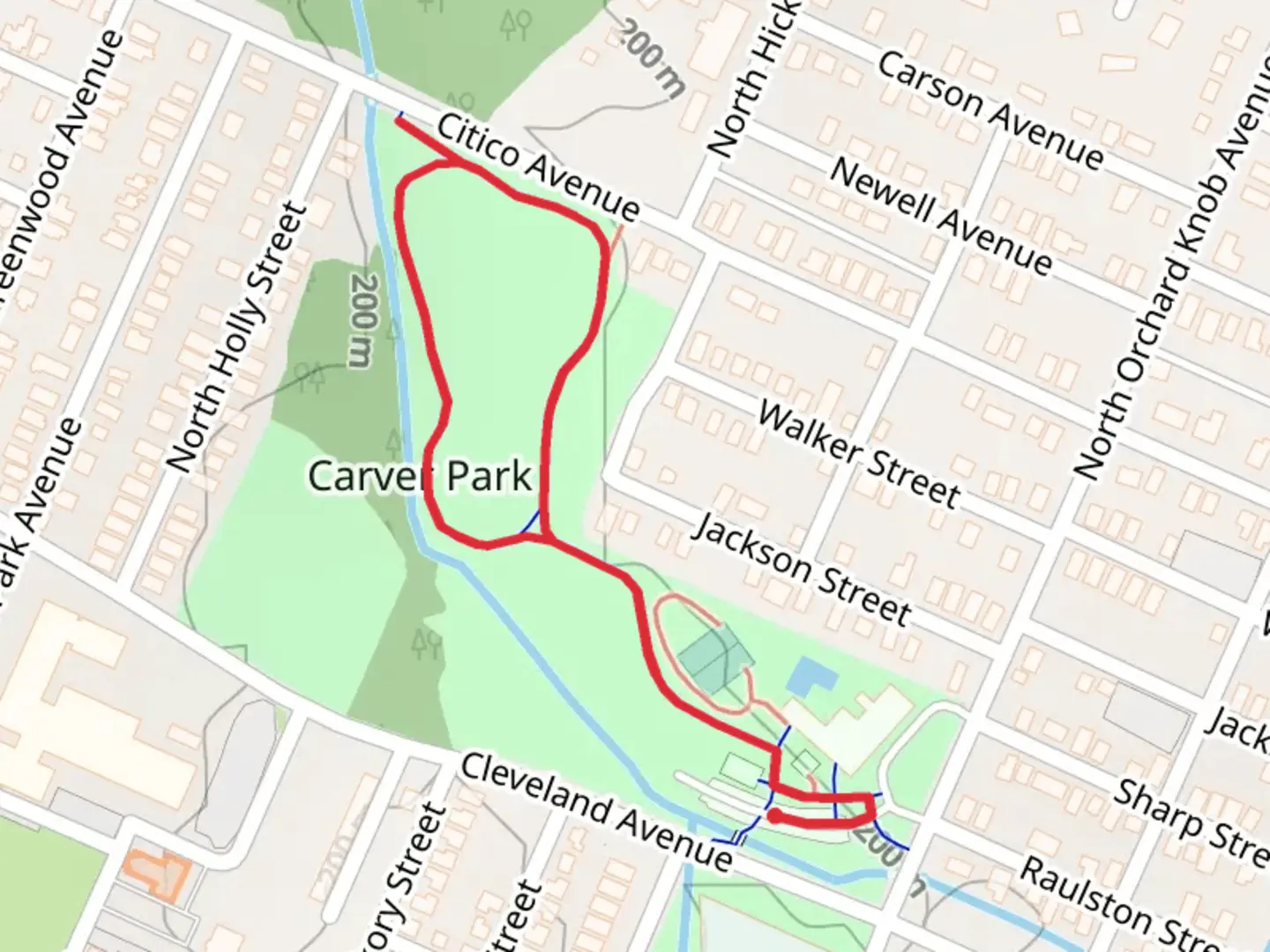 An image depicting the trail Carver Park Loop and its surrounding area.