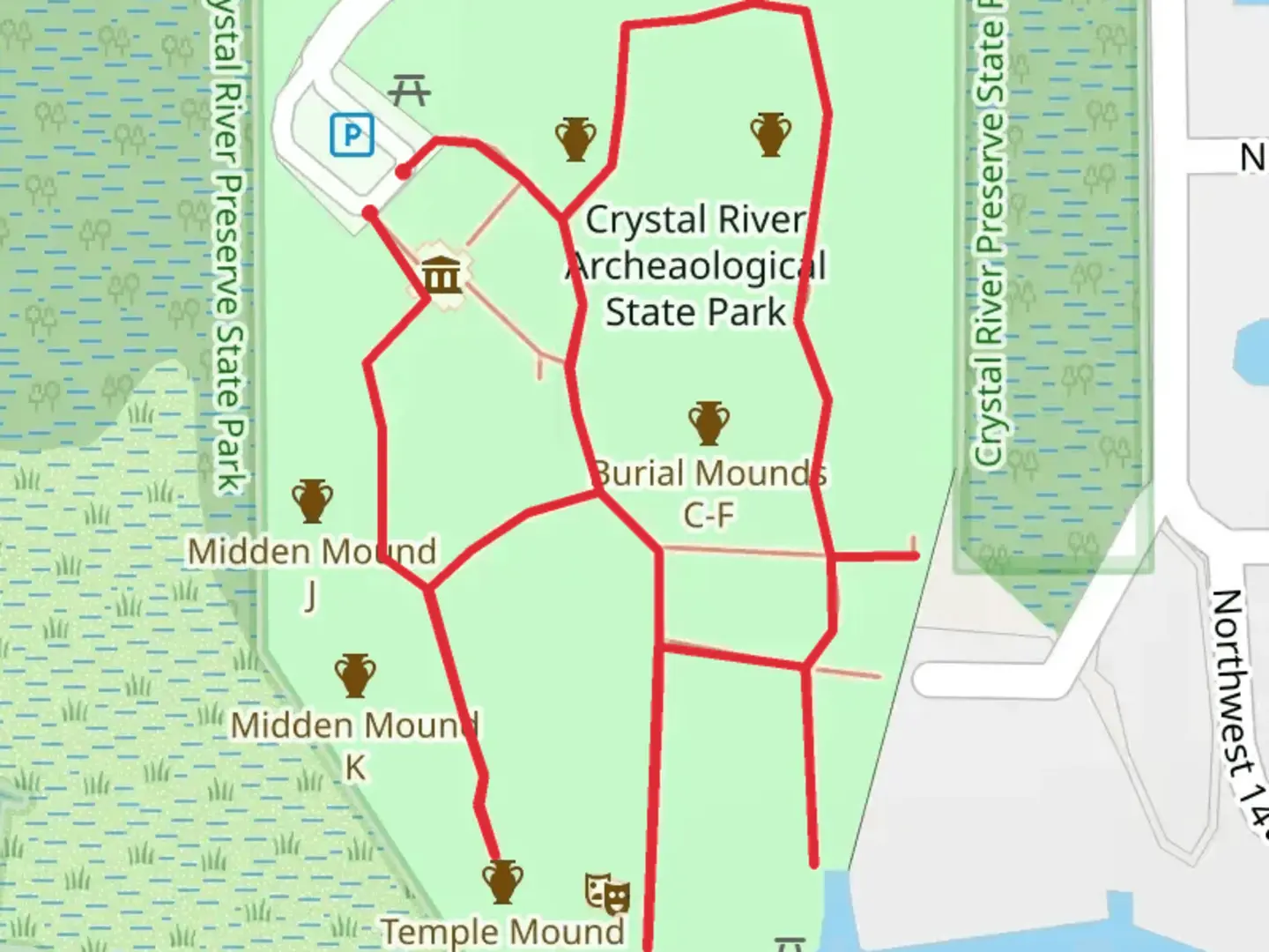 An image depicting the trail Crystal River Archaeological State Park Loop and its surrounding area.