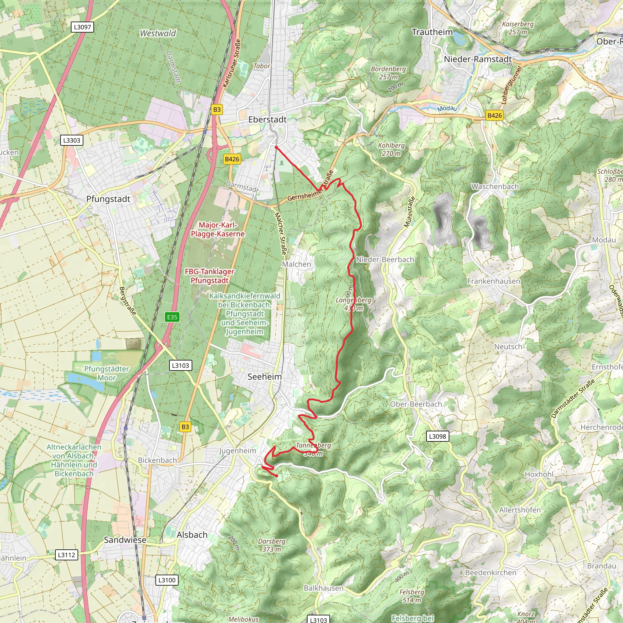 Eberstadt to Schloss Heiligenberg Walk via Burg Tannenberg and Burg Frankenstein mobile static map