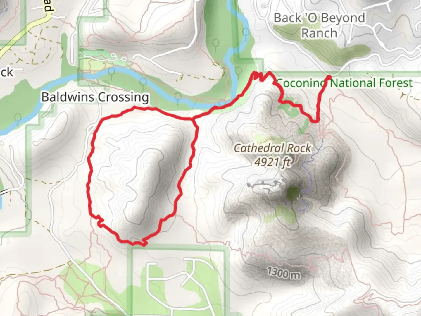 An image depicting the trail Baldwin Loop via Cathedral Rock Trail and its surrounding area.