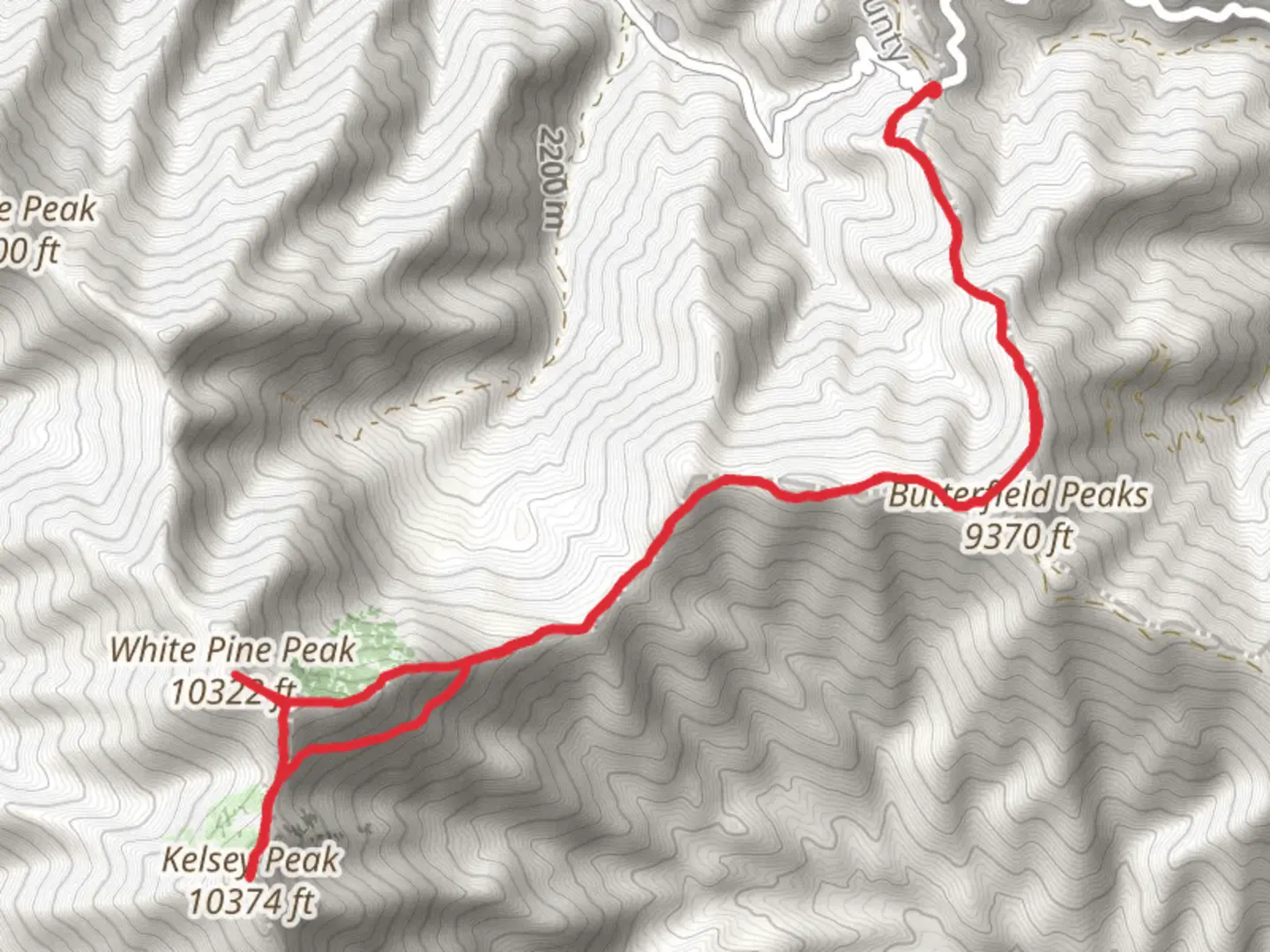 An image depicting the trail Kelsey Peak and White Pine Peak and its surrounding area.